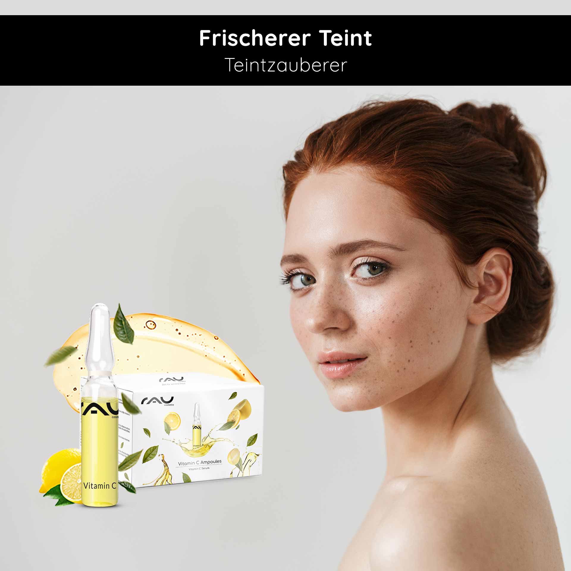 Vitamin C Ampoules 14x2 ml for mature & blemished skin Vitamin C Ampulle von RAU Cosmetics mit frischem Teint, umgeben von Zitronen und Pflanzenmotiven, für die Verbesserung des Hautzustands und einen strahlenden Teint.