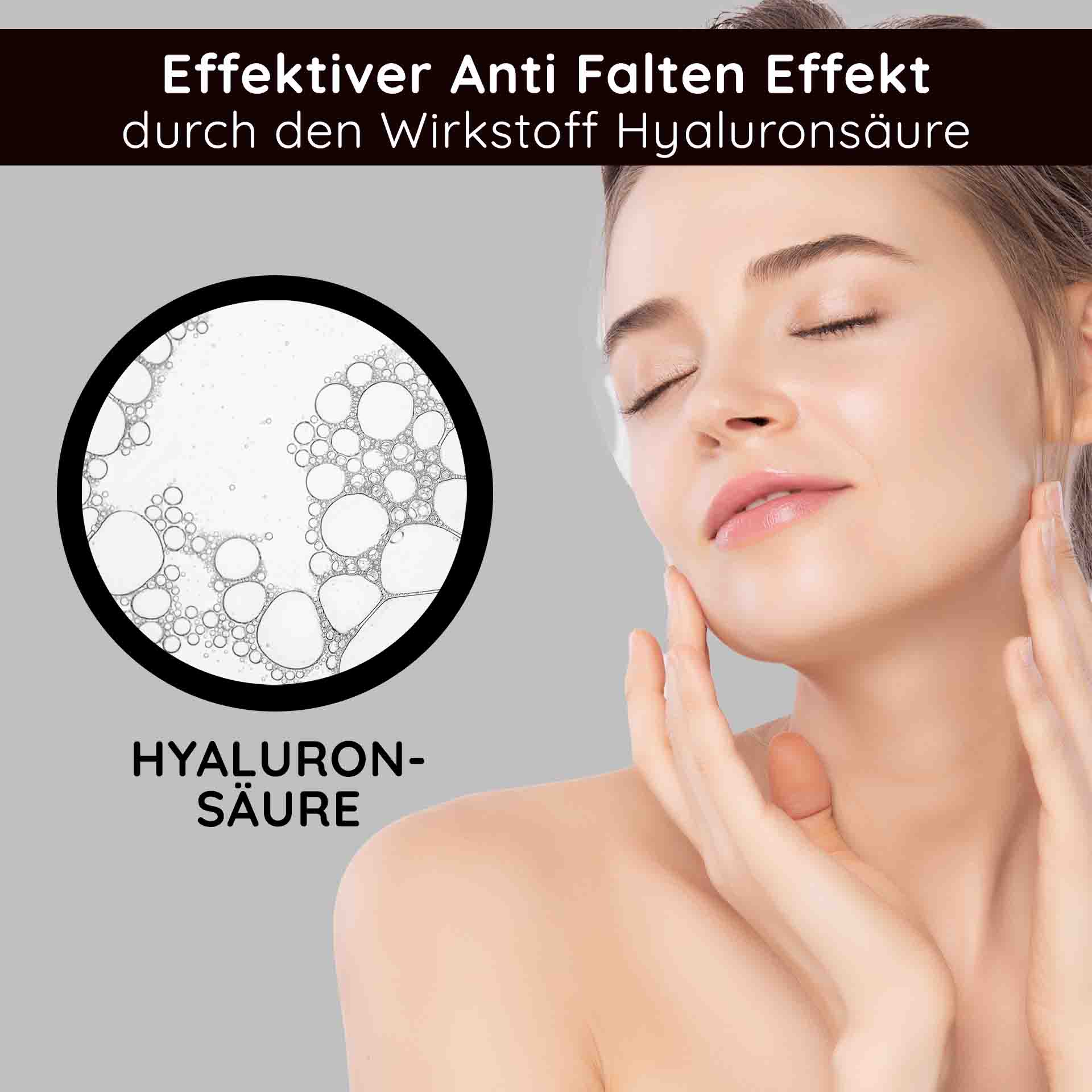 Hyaluron Luxury Cream with 23k Gold 50 ml Anti Age Creme Effektiver Anti-Falten-Effekt durch Hyaluronsäure, Frau mit sanfter Hautpflege-Routine, Hautpflege und Anti-Aging, RAU Cosmetics.
