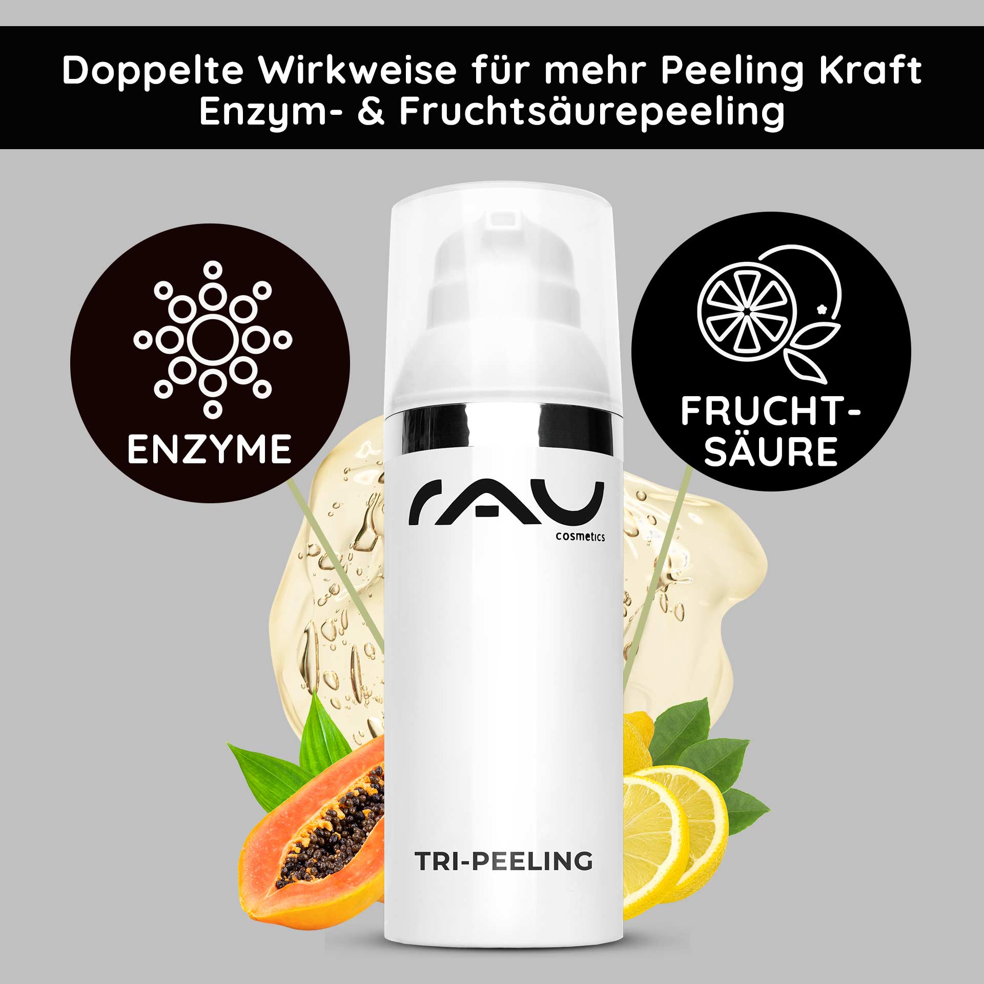 Tri-Peeling 50 ml Enzym- & Fruchtsäurepeeling Die Tri-Peeling-Verpackung von RAU Cosmetics bietet ein Enzym- und Fruchtsäurepeeling mit Papaya- und Zitruselementen und betont die doppelte Wirkung für eine effektive Hautbehandlung.