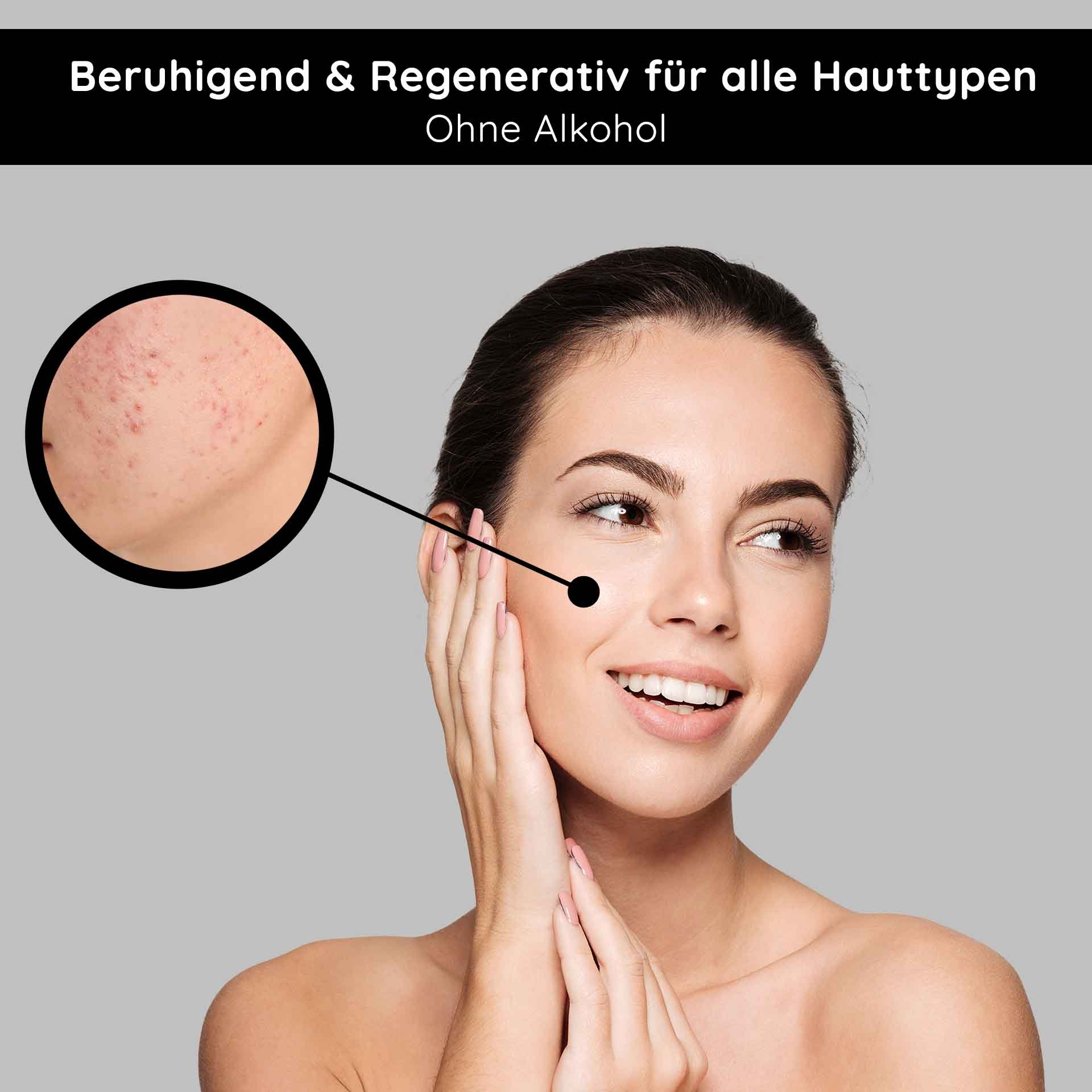 Beruhigende und regenerierende Gesichtspflege für alle Hauttypen, alkoholfreies Tonic, Anwendung auf sensibler Haut, Hautveränderungen sichtbar.
