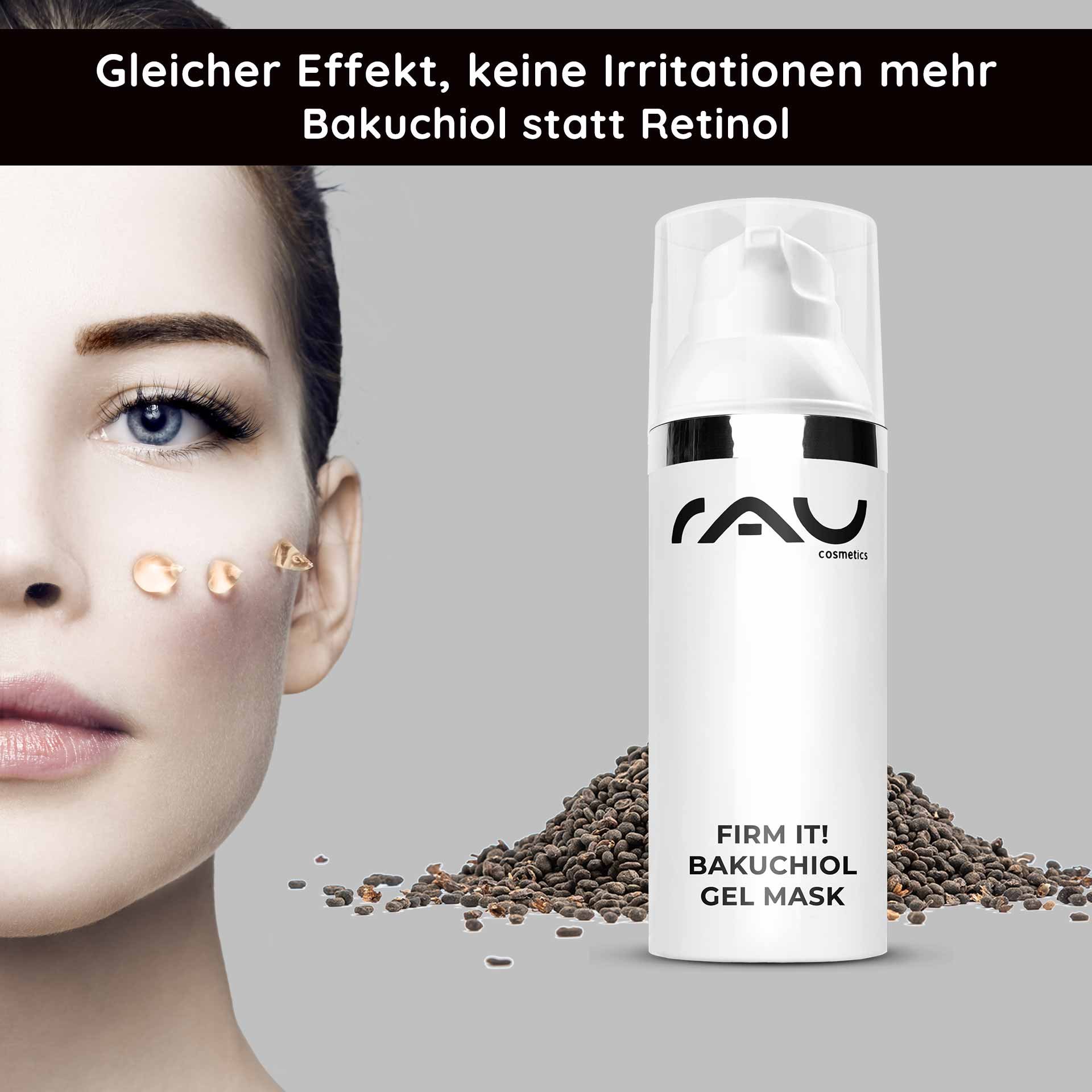 Frau mit Bakuchiol Gelmaske auf der Wange, RAU Cosmetics Logo, Samen auf grauem Hintergrund, Anti-Aging und feuchtigkeitsspendende Eigenschaften.