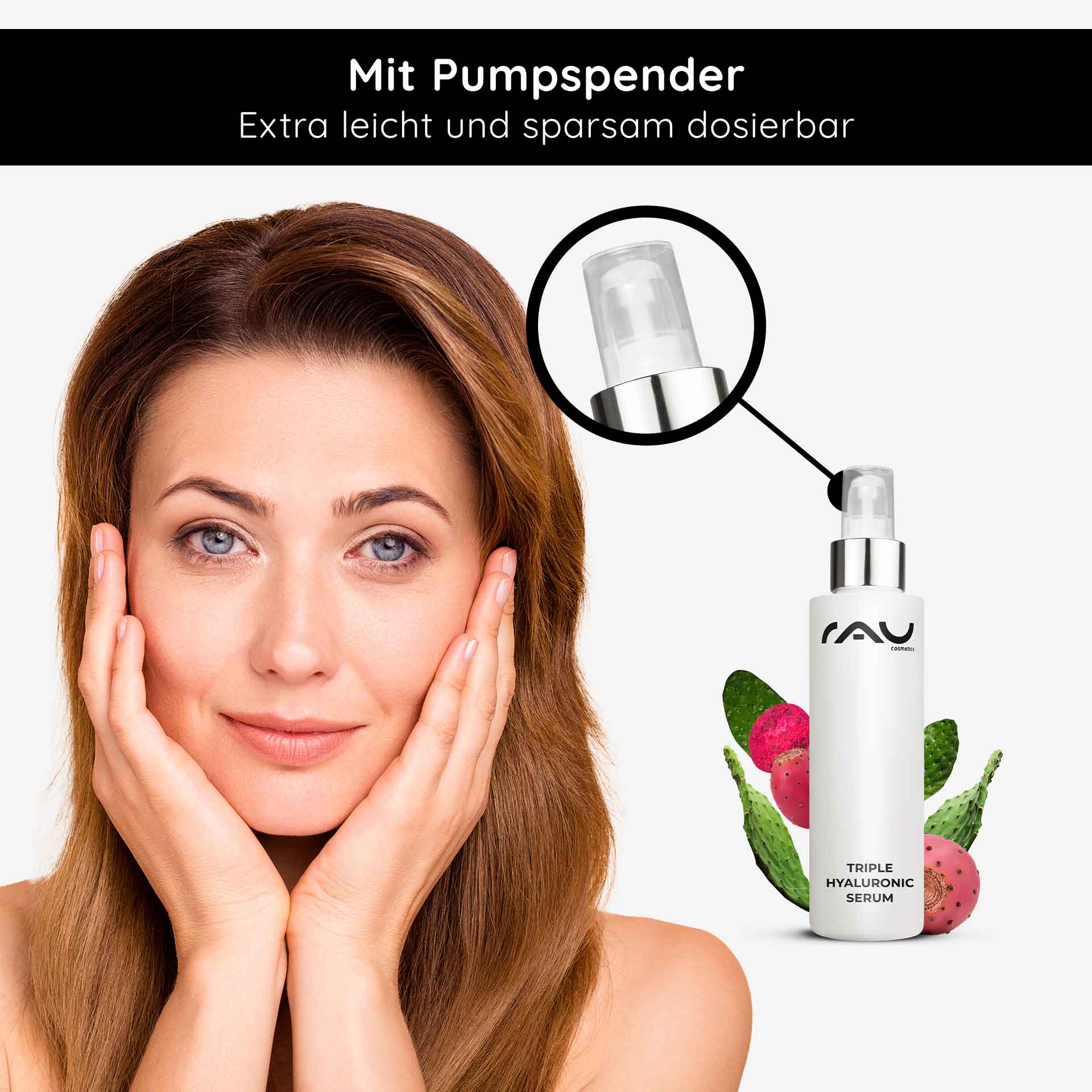 Triple Hyaluronic Serum 100 ml mit Panthenol & Hyaluron Frau mit glatter Haut und sanften Gesichtszügen, hält ihr Gesicht, präsentiert das RAU Triple Hyaluronic Serum mit Pumpspender und Pflanzenmotiven, betont feuchtigkeitsspendende und anti-aging Eigenschaften.