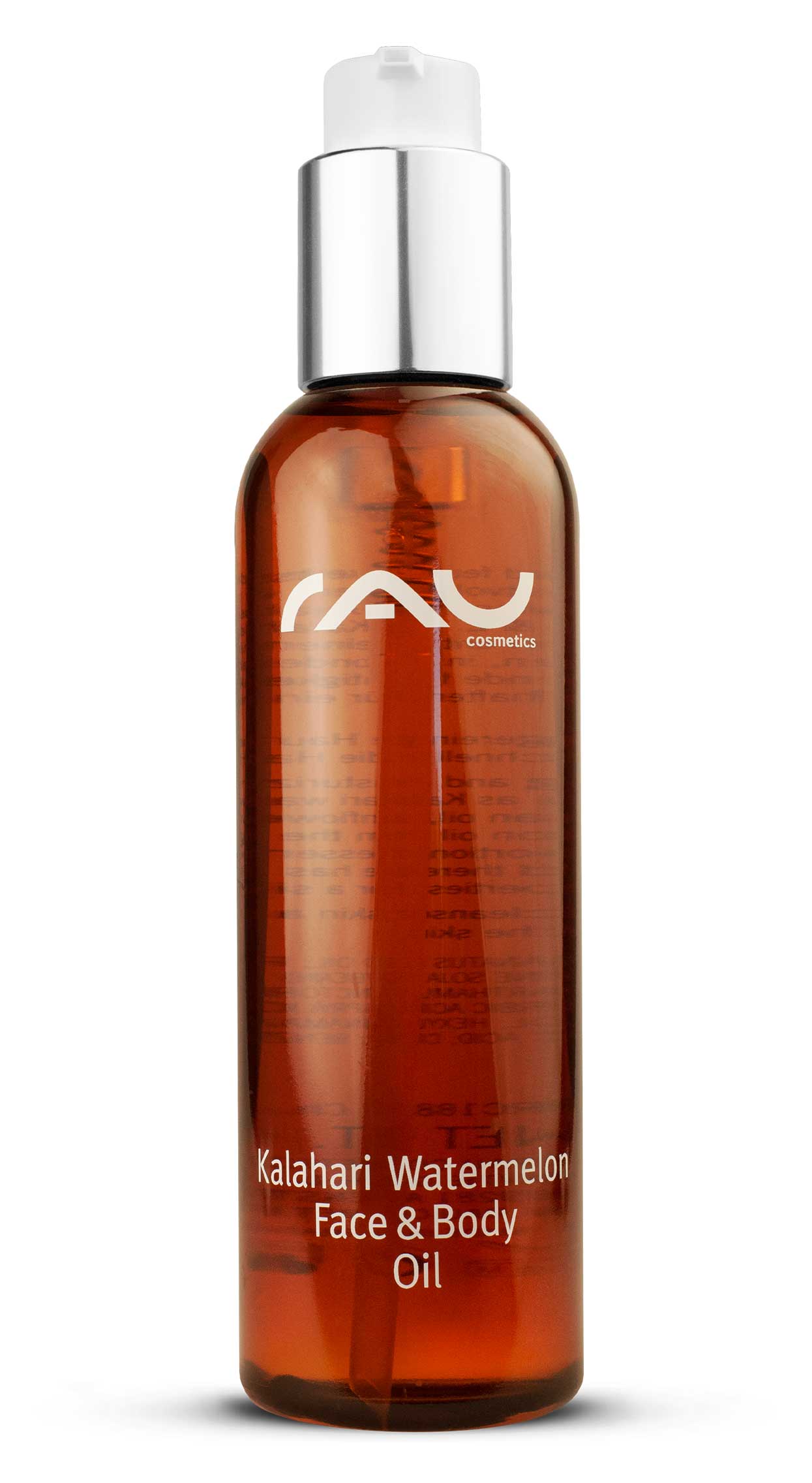 01_Kalahari_Watermelon-face-and-body-oil-COVER7D60pkbJdfiuO Flasche des Kalahari Watermelon Face & Body Oil mit schlankem Design und RAU Cosmetics-Logo, das die feuchtigkeitsspendenden und pflegenden Eigenschaften für alle Hauttypen betont.