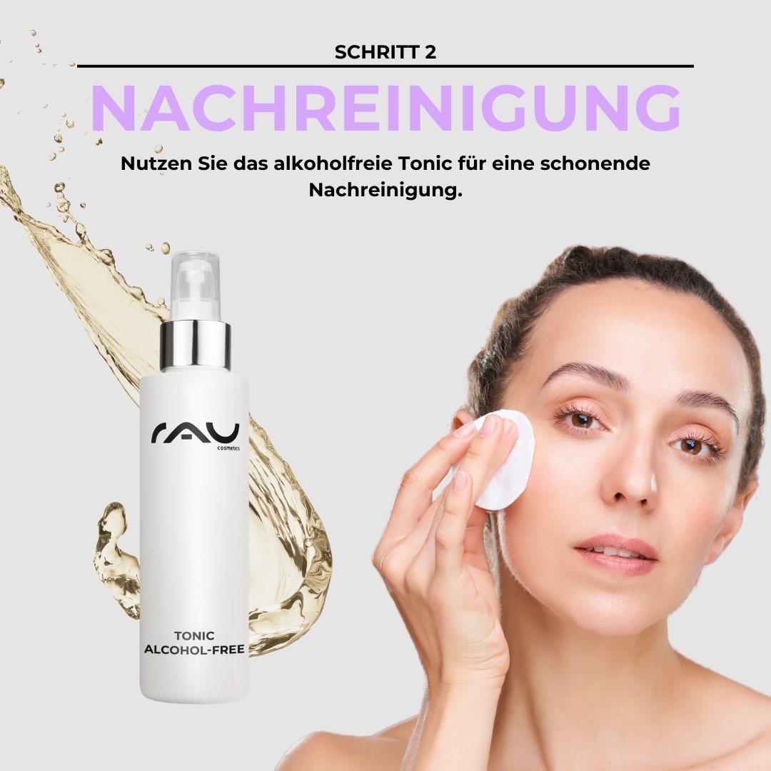 RAU Cosmetics alcohol-free tonic for gentle cleansing, woman applying tonic with a cotton pad to the face, Step 2 of the basic skincare routine for dry skin.