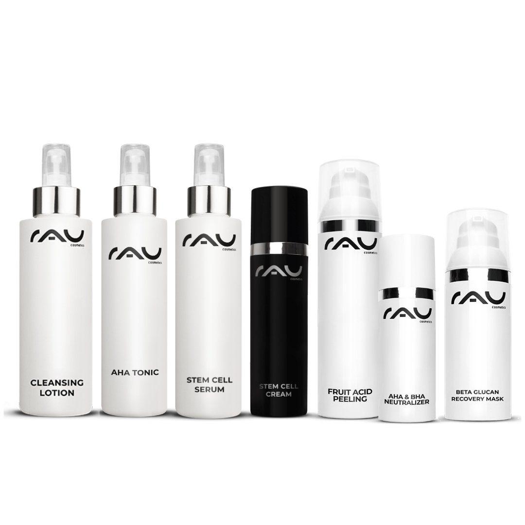 Profi Pflegeroutine für reife Haut von RAU Cosmetics, bestehend aus Reinigungslotion, AHA Tonic, Stem Cell Serum, Stem Cell Cream, Fruchtsäurepeeling, AHA & BHA Neutralizer und Beta Glucan Recovery Mask.