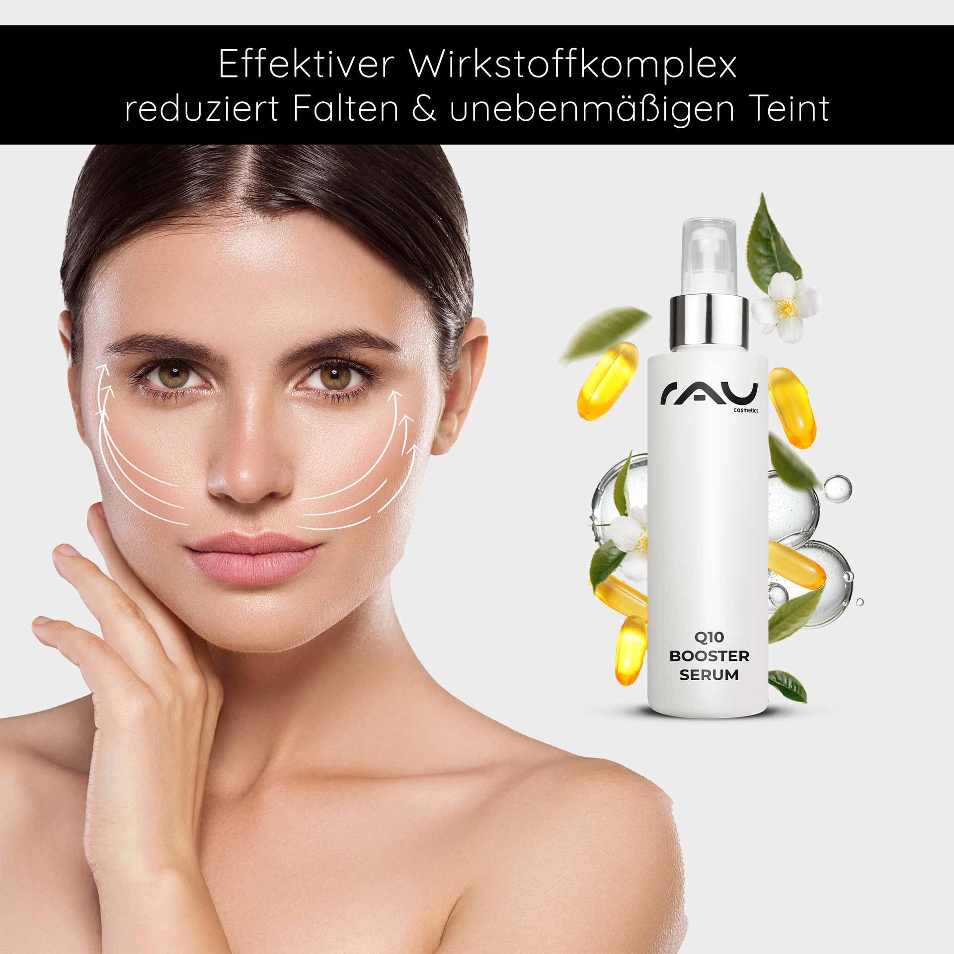 Q10 Booster Serum 100 ml - with Hyaluron, Q10 & Lecithin Effektives Q10 Booster Serum von RAU Cosmetics, präsentiert auf einem Gesicht mit feuchtigkeitsspendenden und anti-aging Eigenschaften, um Falten zu reduzieren und den Teint zu verbessern.
