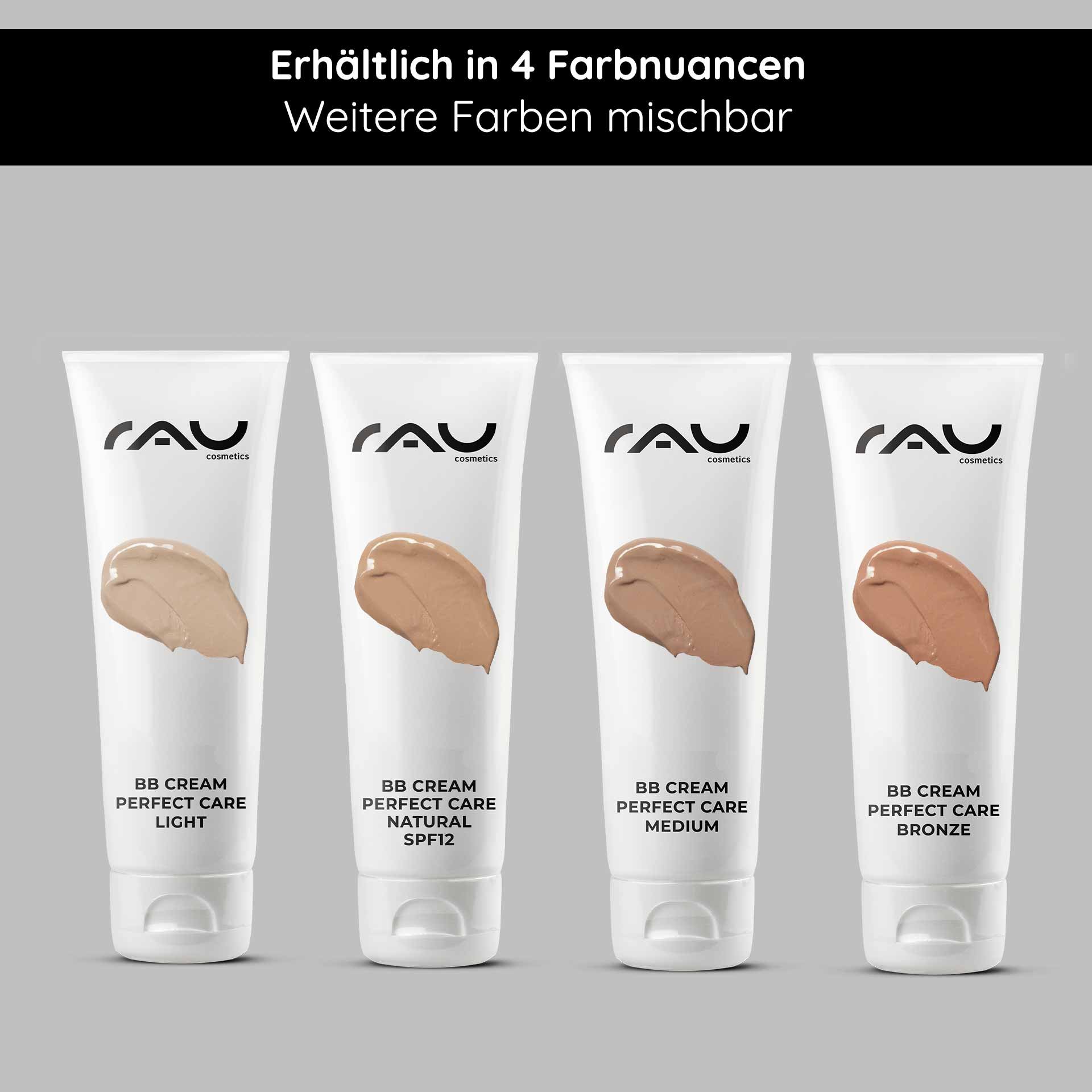 RAU Cosmetics BB Cream Perfect Care in vier Farbtönen: Light, Natural SPF 12, Medium und Bronze, präsentiert in eleganten Tuben mit Markenlogo, das die Vorteile für Hautpflege und Make-up hervorhebt.