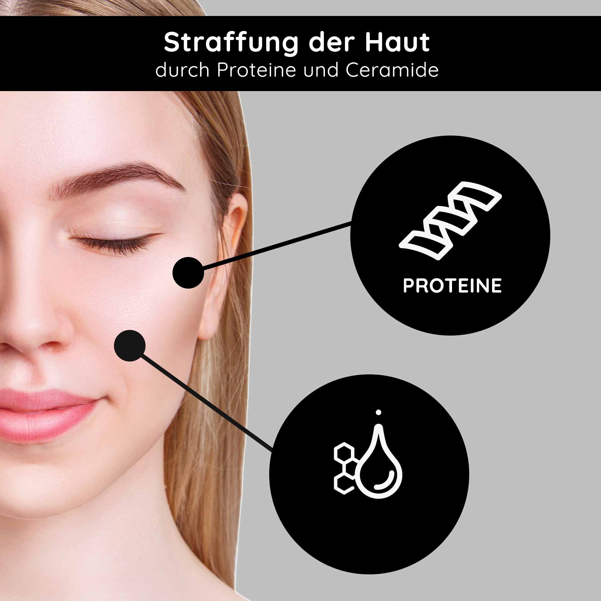 Woman with closed eyes and a gentle smile, emphasized by graphic elements on proteins and ceramides that support skin tightening.
