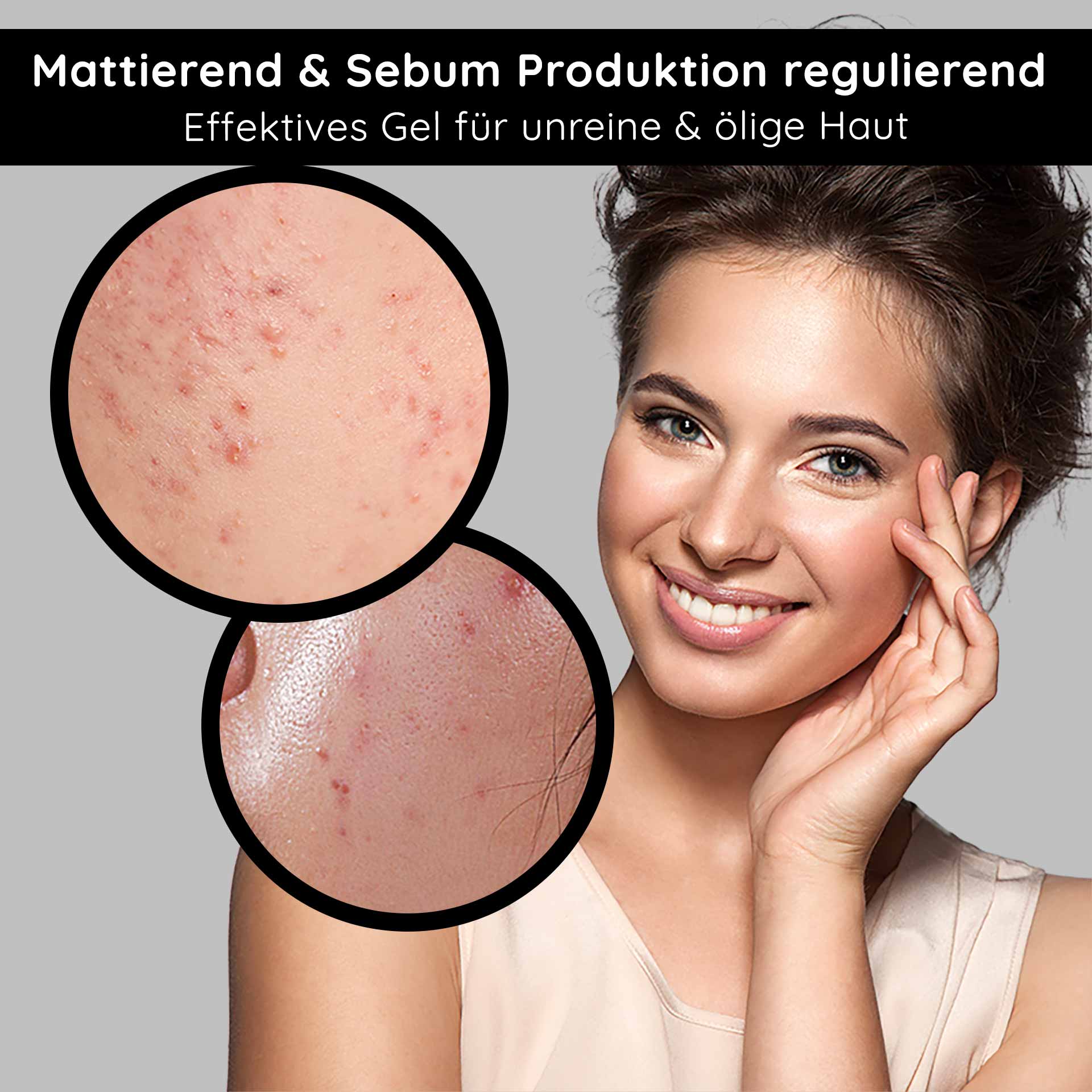 Balancing & Mattifying Gel mit BHA 75 ml - Gesichtspflege bei unreiner und fettiger Haut mit Salicylsäure für die Nacht Mattierendes Gel für unreine und ölige Haut, Hautporen mit Unreinheiten, lächelnde Frau mit gesunder Haut, Fokus auf Hautpflege und Sebumregulation.
