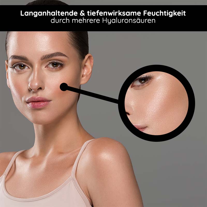 Hyaluron 24h Cream 200 ml mit Sheabutter & Avocadoöl Frau mit strahlender Haut, die die langanhaltende Feuchtigkeit und Wirkung von Hyaluronsäuren zeigt, hervorgehoben durch einen Detailausschnitt.