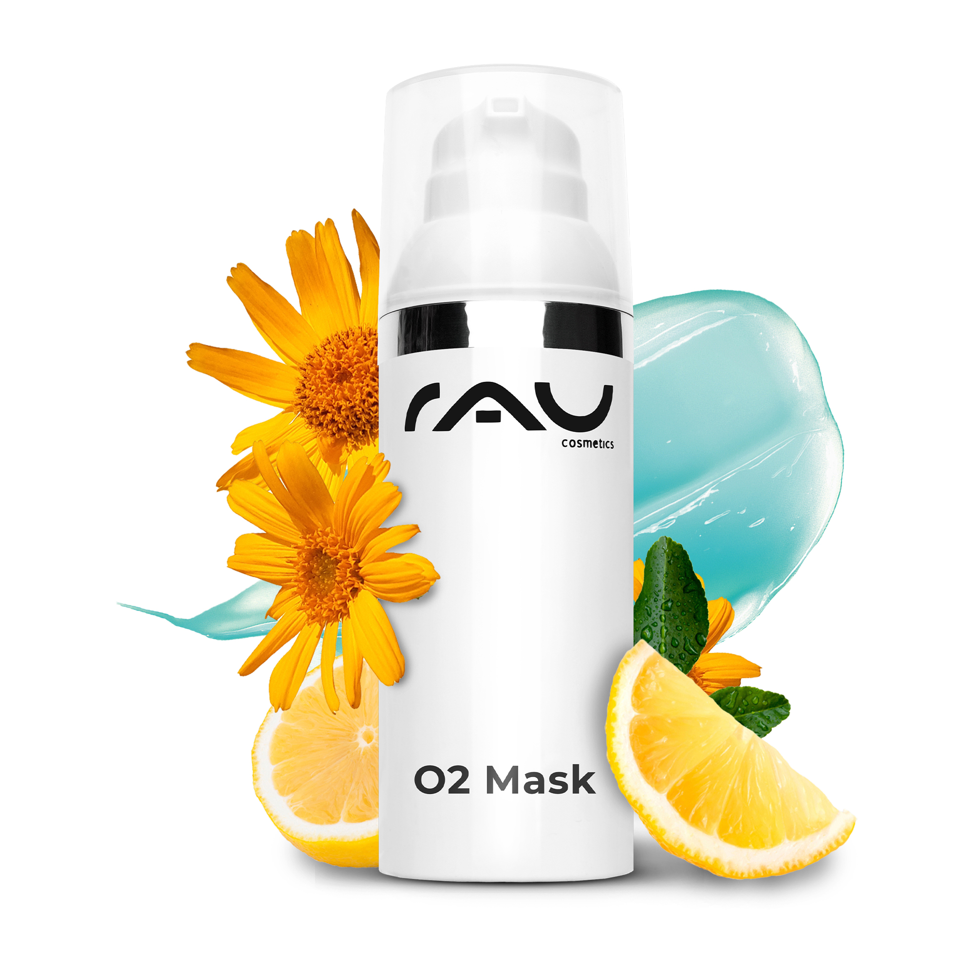 O2 Mask 50 ml Maske mit Aloe Vera, Arnika und Ginkgo Zitrusfrucht, Pflanze, Produzieren, Flasche, Gänseblümchen
