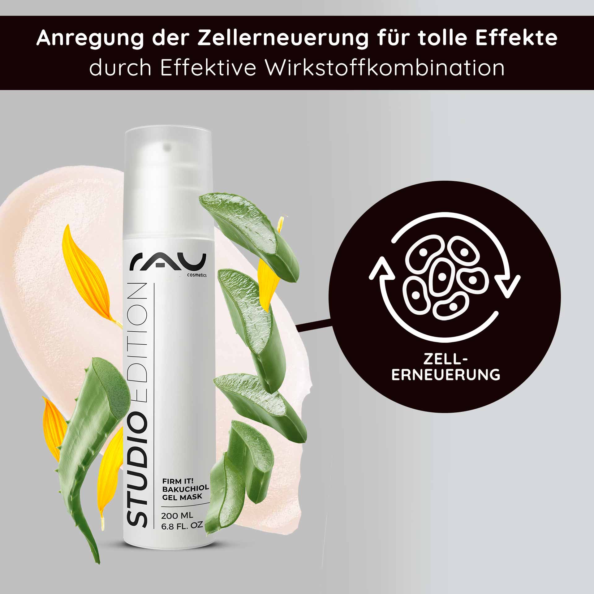 Firm it! Bakuchiol Gel Mask 200 ml Anti Aging & Feuchtigkeit RAU Cosmetics Firm it! Bakuchiol Gel Mask 200 ml Verpackung mit Aloe Vera, gelben Blüten und grünen Blättern, die die Vorteile der Zellerneuerung in einem modernen Design hervorhebt.