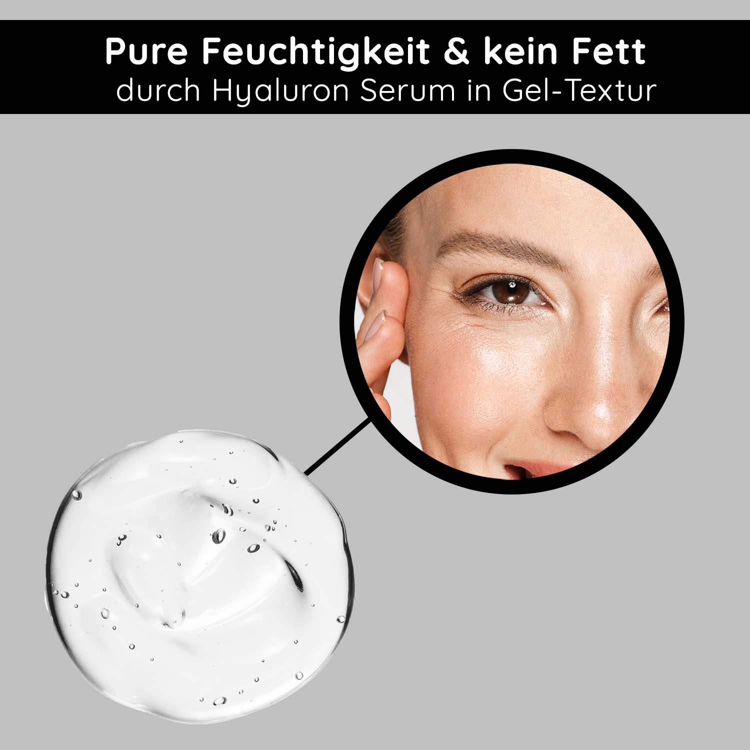Hyaluron Ultimative Lifting 50 ml Hyaluron Lifting Gel für trockene Haut Hyaluron Gel-Textur mit feuchtigkeitsspendendem Effekt und Anwendung auf der Haut, betont durch lächelnde Frau mit strahlendem Teint.
