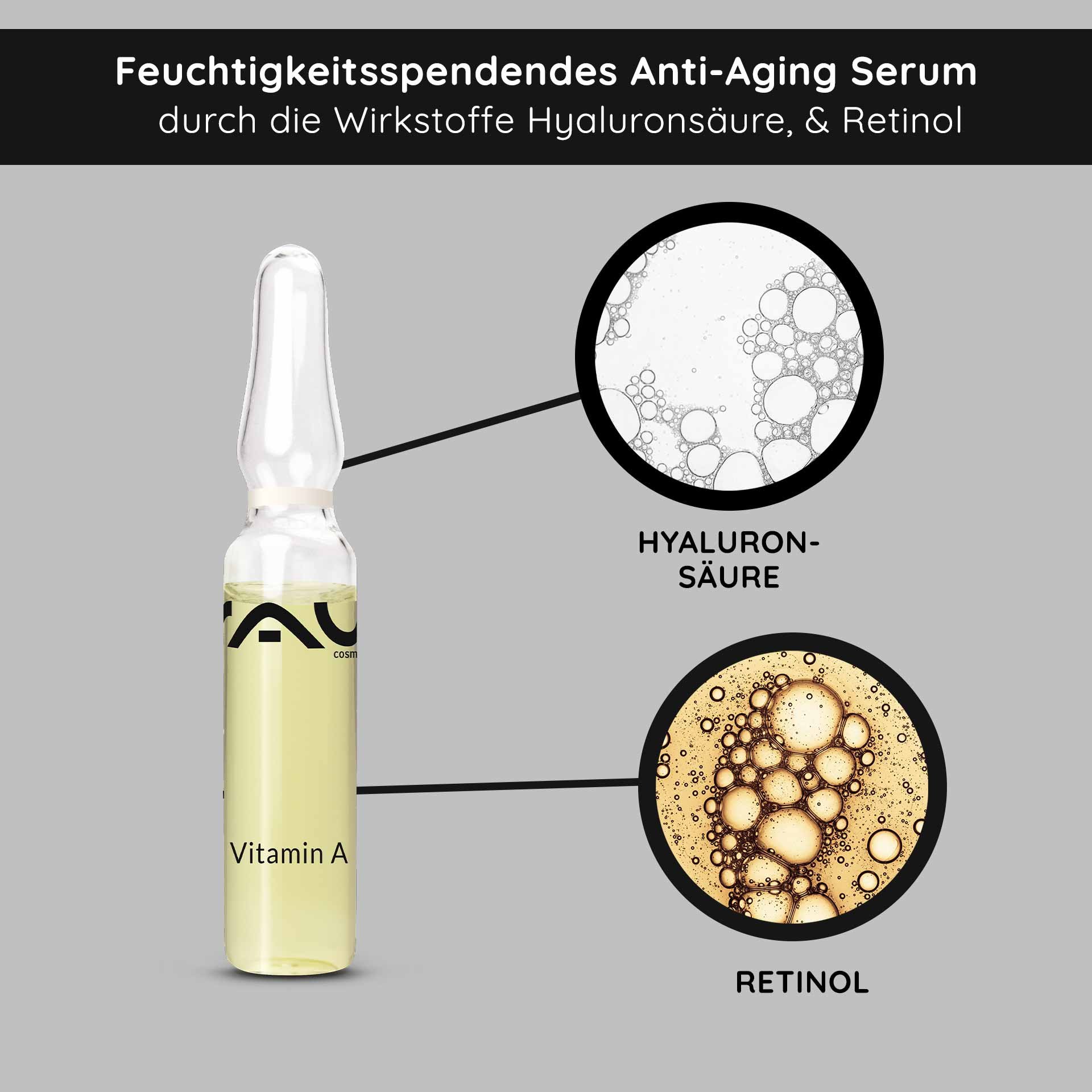 Vitamin A Ampoule from RAU Cosmetics, moisturizing anti-aging serum with hyaluronic acid and retinol, for mature and impure skin.