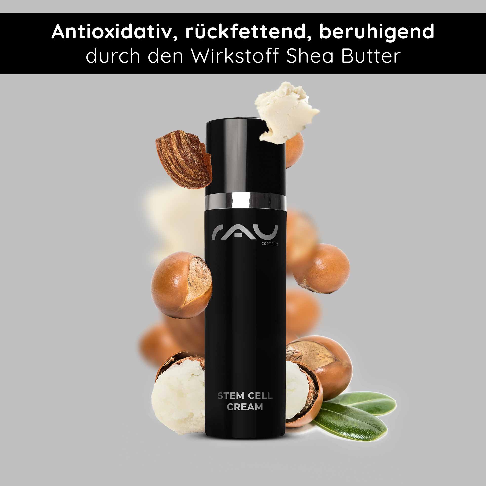 Bottle of RAU Cosmetics Stem Cell Cream with shea butter ingredients, highlighting antioxidant and moisturizing properties for anti-aging skincare.