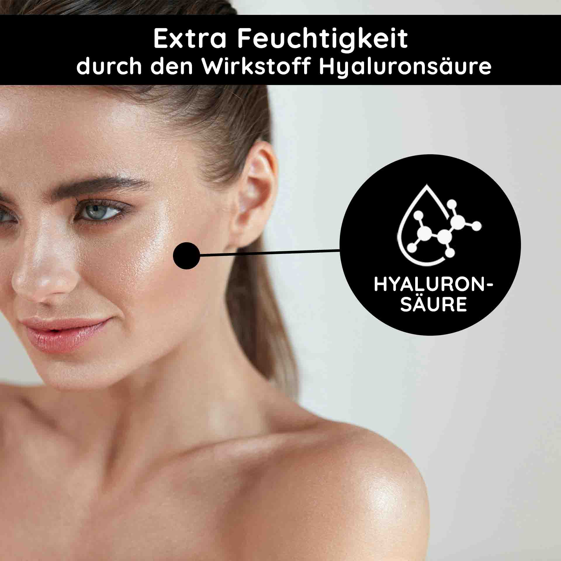 RAU O2 Moist Fluid 50 ml - leichte Tagescreme bei fahlem Teint Frau mit strahlender Haut, betont durch Hyaluronsäure zur Feuchtigkeitsversorgung, in einem hellen Hintergrund.