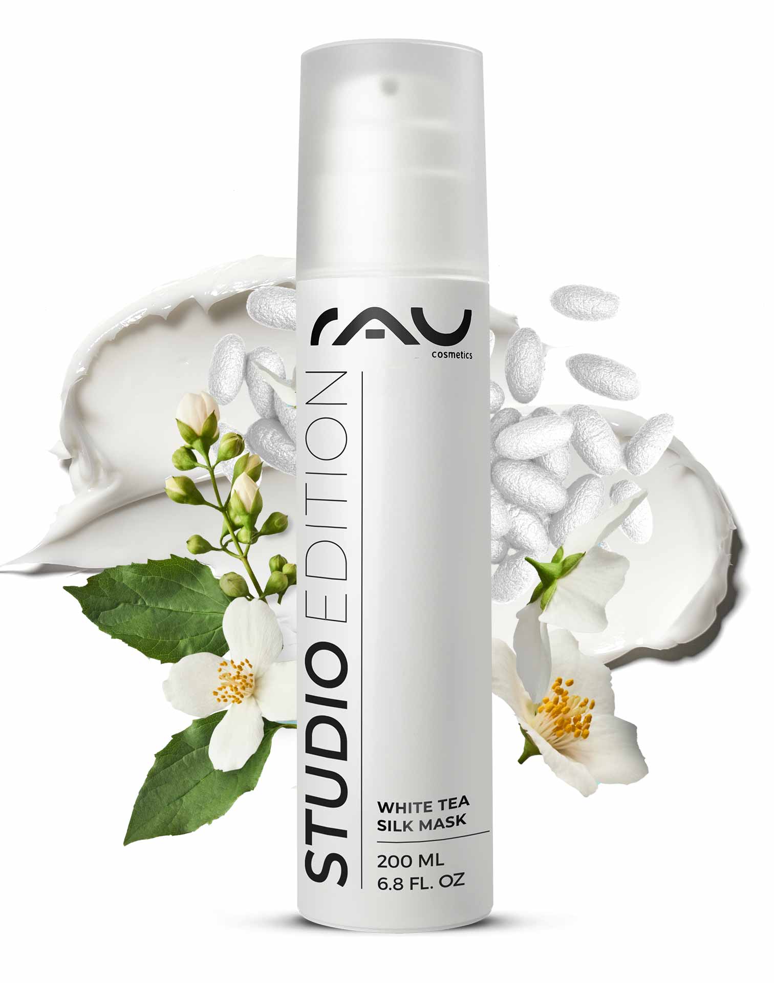 White Tea Silk Mask 200 ml Reichhaltige Creme & Maske White Tea Silk Mask von RAU Cosmetics, 200 ml Behälter mit floralen Elementen, mit pflegenden Inhaltsstoffen wie weißem Tee und Seidenproteinen, entwickelt für empfindliche und trockene Haut.