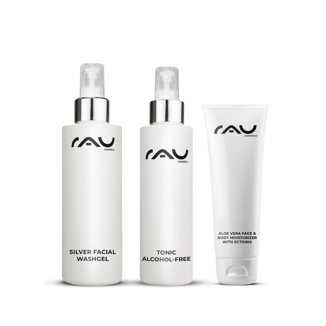 Basic care routine for combination skin Basis Pflegeroutine für Mischhaut von RAU Cosmetics, bestehend aus Silber Gesichtswaschgel, alkoholfreiem Tonic und Aloe Vera Feuchtigkeitsgel.