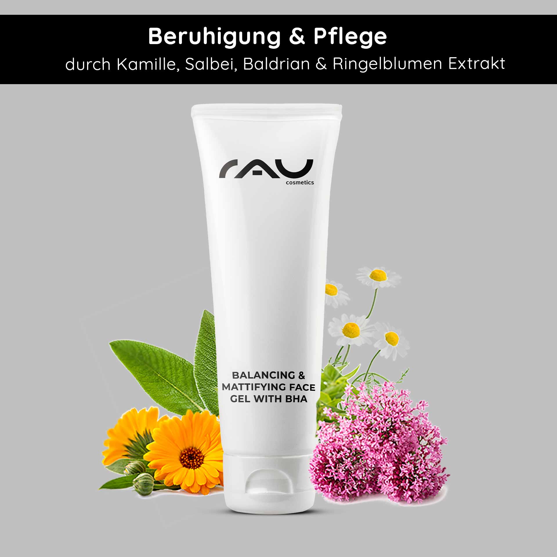 Power set for impure skin, oily skin, inflammation, pimples, itching. RAU Cosmetics Balancing & Mattifying Face Gel mit BHA, umgeben von Kamille, Salbei und Ringelblumenblüten, betont die beruhigende und pflegende Wirkung bei fettiger und unreiner Haut.