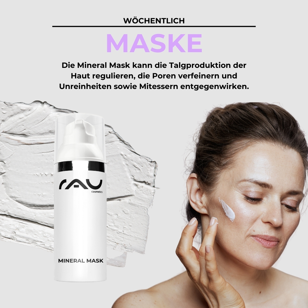 Profi Pflegeroutine bei fettiger Haut Mineralmaske von RAU Cosmetics, Frau trägt Maske auf das Gesicht auf, Hautpflege für fettige Haut, Vorteile umfassen die Regulierung der Ölproduktion und die Verfeinerung der Poren.
