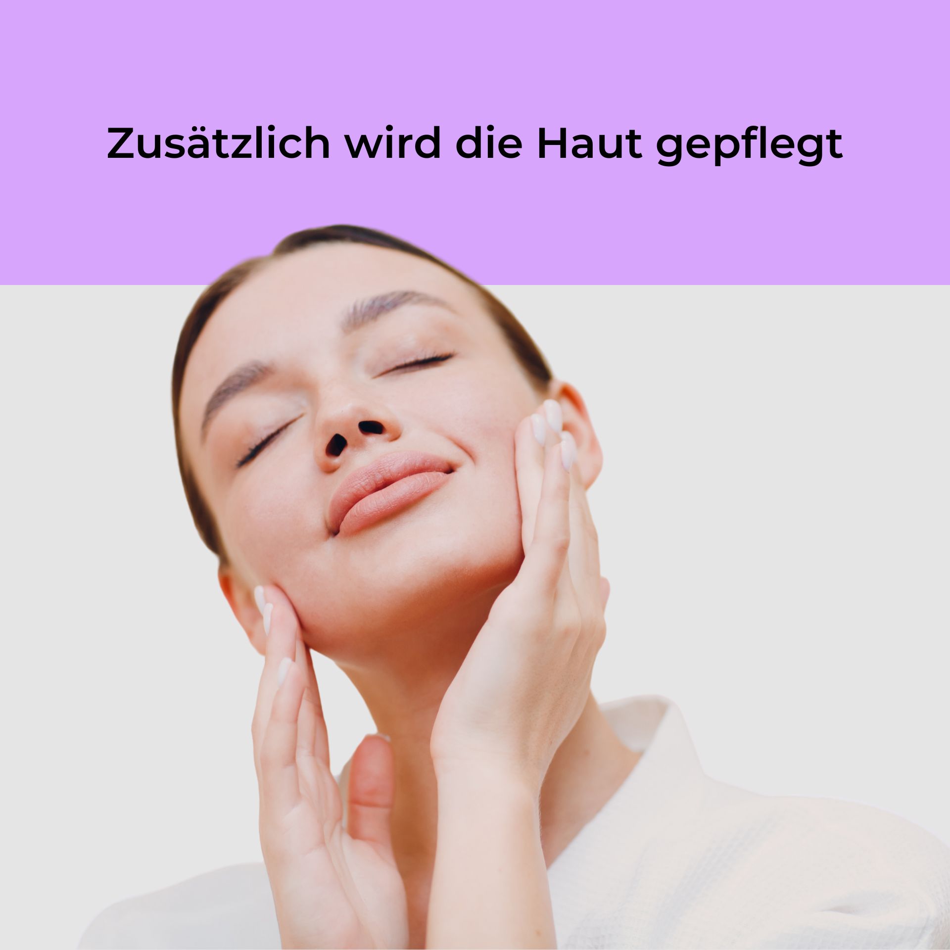 Anti Bite Mosquito Roll-On 10 ml - Natürlich gegen Mückenstiche & Co. Frau mit geschlossenen Augen und sanftem Lächeln, die mit beiden Händen ihr Gesicht berührt, umgeben von einem hellen, neutralen Hintergrund, symbolisiert Hautpflege und Entspannung.
