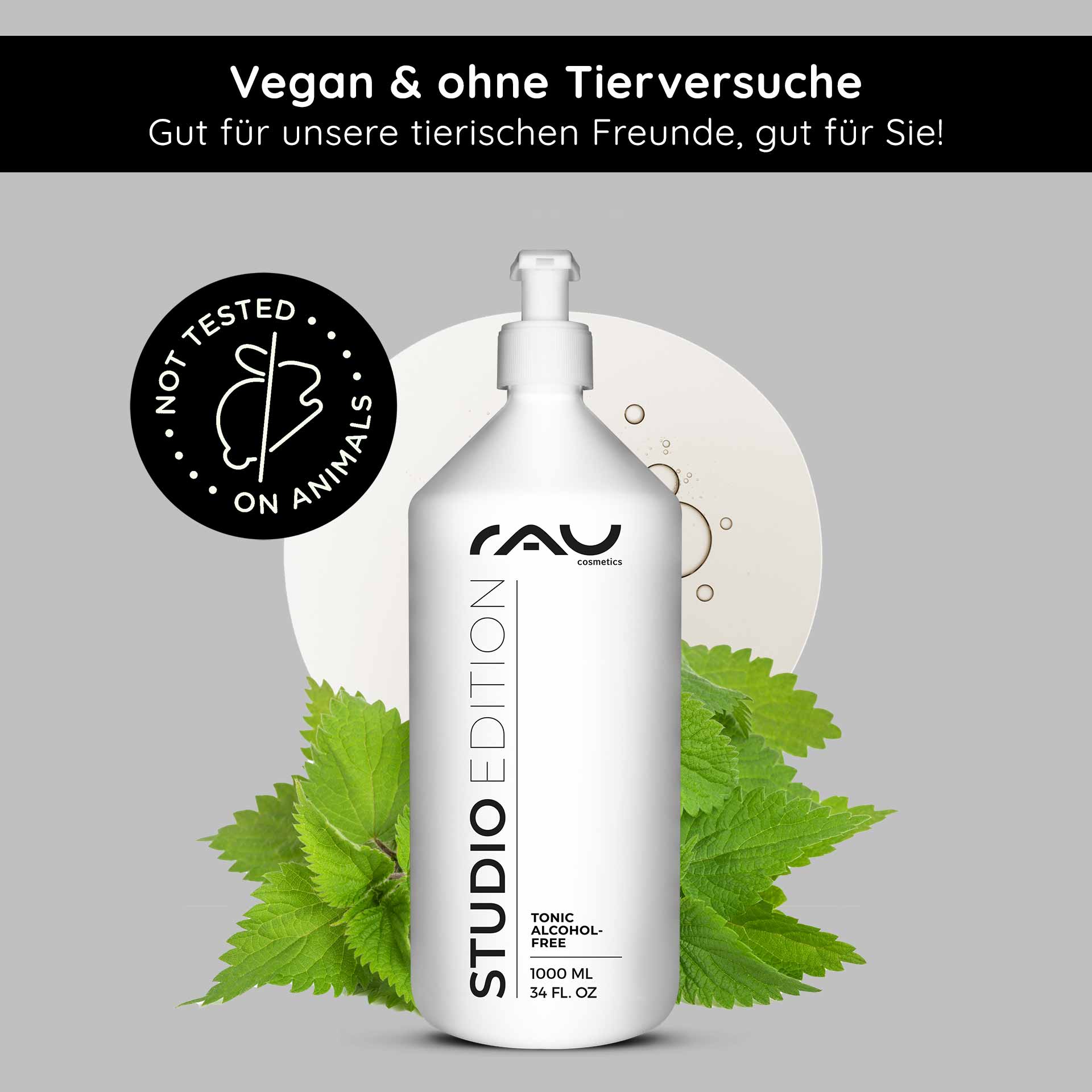 Tonic alcohol-free 1000 ml mit Brennnessel Extrakt RAU Cosmetics Alkoholfreies Tonic Flasche mit Brennnesselblättern, mit Aufschrift „Vegan & ohne Tierversuche“, 1000 ml, für empfindliche Haut geeignet.