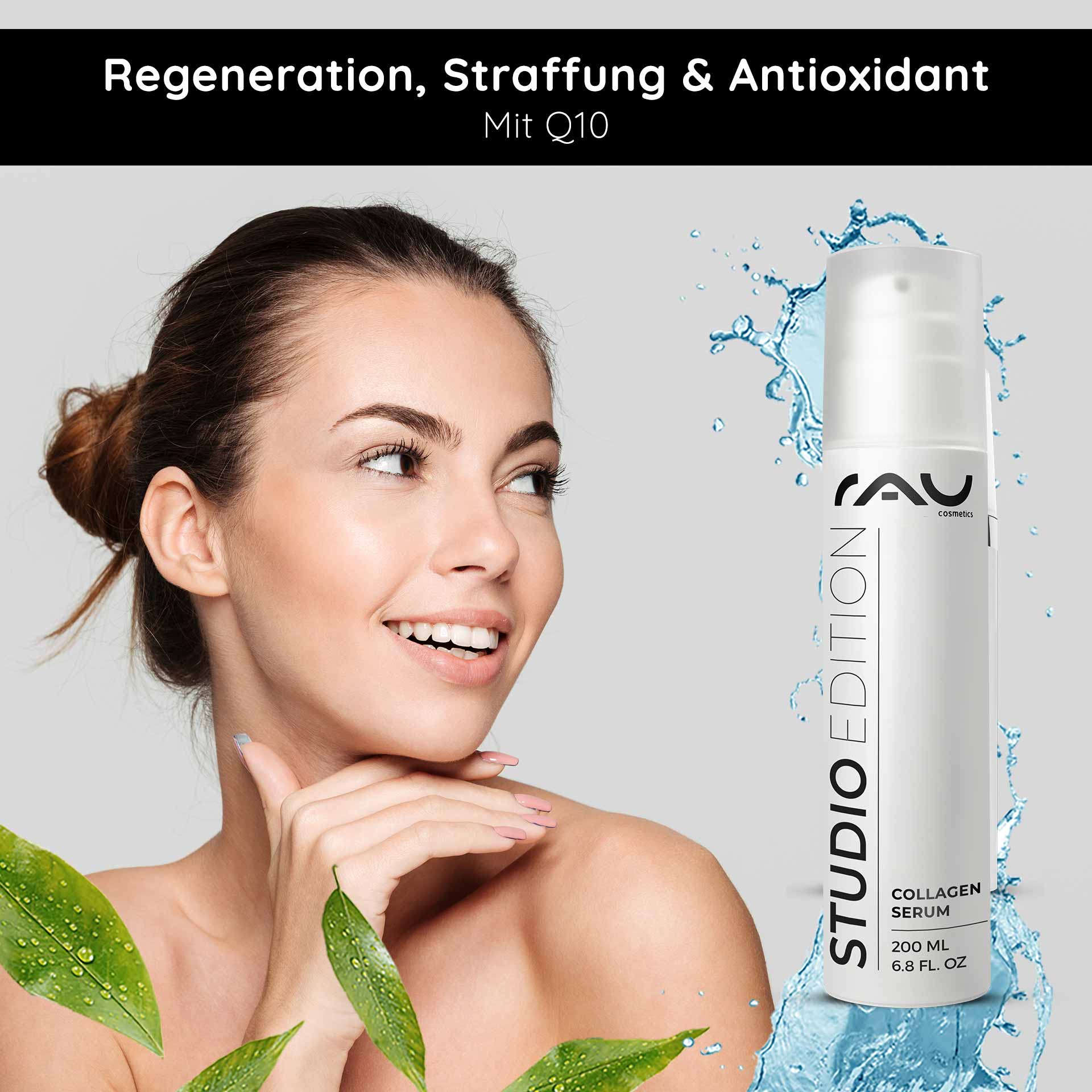 Caviar 24h Cream 200 ml Hautpflege mit Caviar Extrakt Frau mit strahlendem Gesicht und Collagen-Serum von RAU Cosmetics, umgeben von grünen Blättern und Wassertröpfchen, betont Regeneration, Straffung und antioxidative Eigenschaften mit Q10.