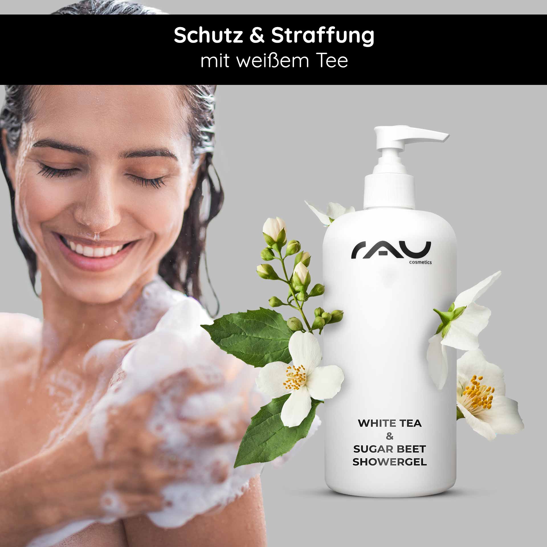 White Tea & Sugar Beet Shower Gel 500 ml Shower Gel Frau mit schäumendem Duschgel, RAU Cosmetics White Tea & Sugar Beet Showergel, natürliche Inhaltsstoffe, Pflege und Reinigung, blühende Pflanzen im Hintergrund.