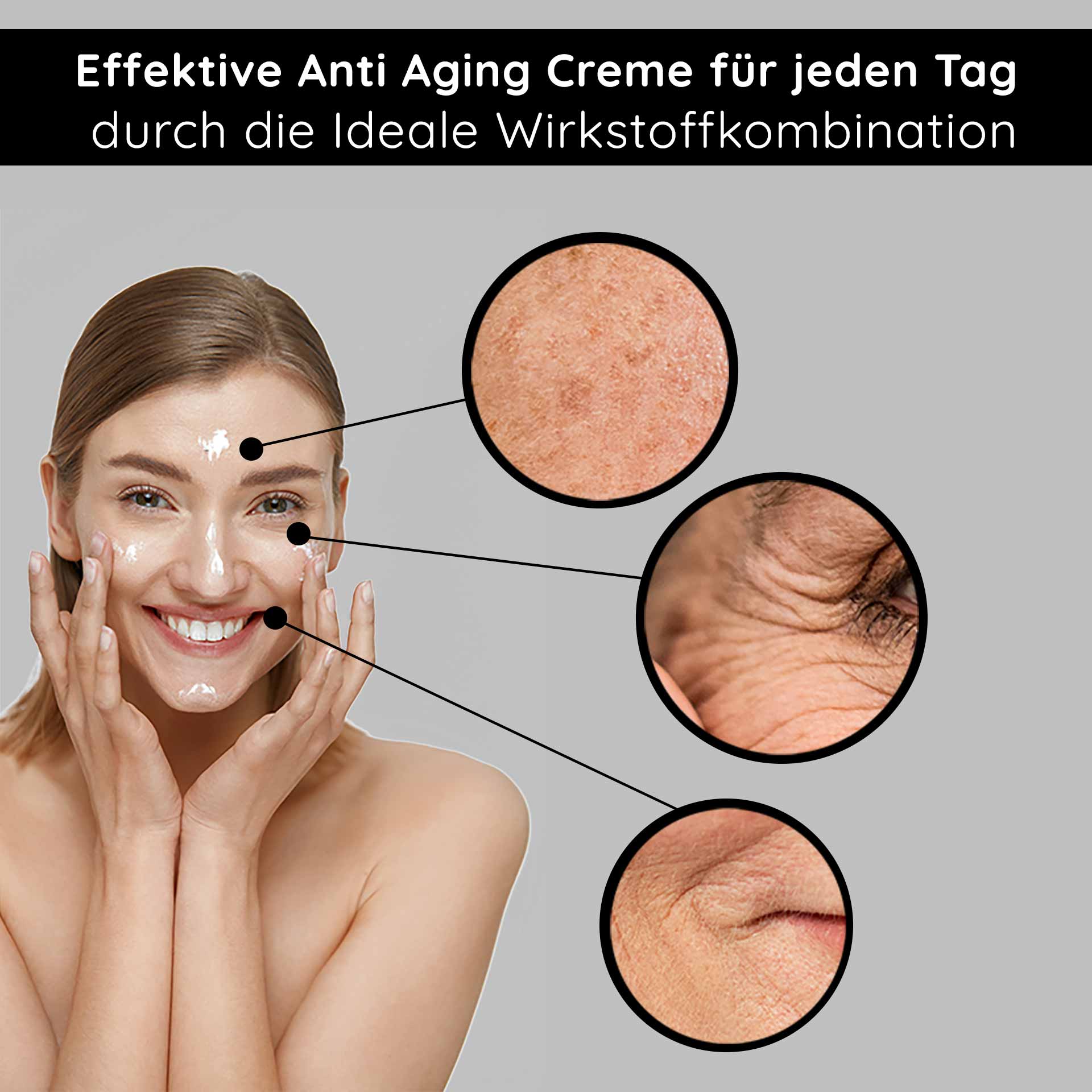 White Tea Cream 50 ml  Anti Aging 24h Creme für trockene und unreine Haut Effektive Anti-Aging-Creme für jeden Tag, lächelnde Frau mit Creme auf dem Gesicht, Hautveränderungen wie Falten und Trockenheit hervorgehoben.