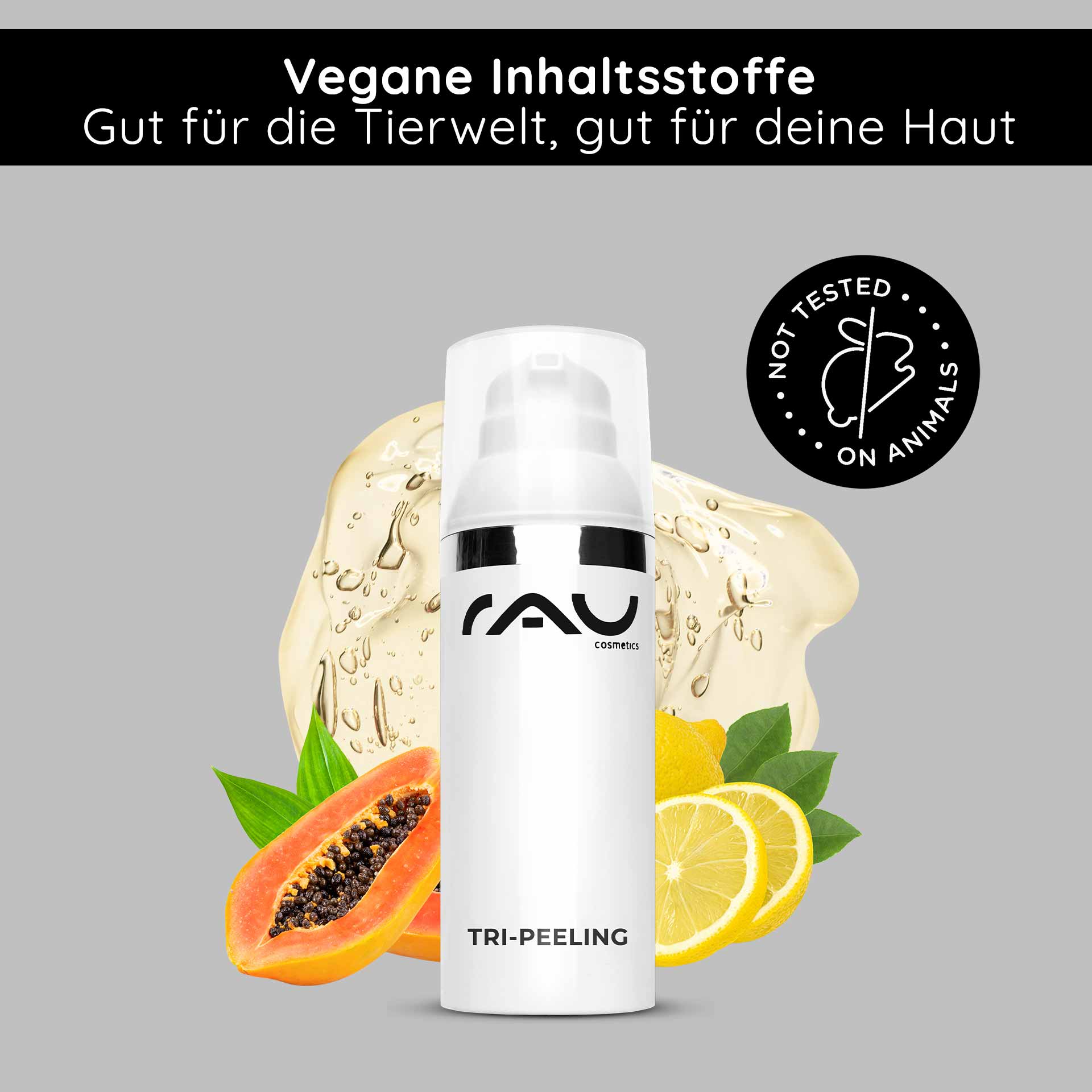 Tri-Peeling 50 ml Enzym- & Fruchtsäurepeeling Produktflasche „Tri-Peeling“ von RAU Cosmetics mit Papaya- und Zitronenabbildungen, die die veganen Inhaltsstoffe und die Zertifizierung als tierversuchsfrei hervorheben.