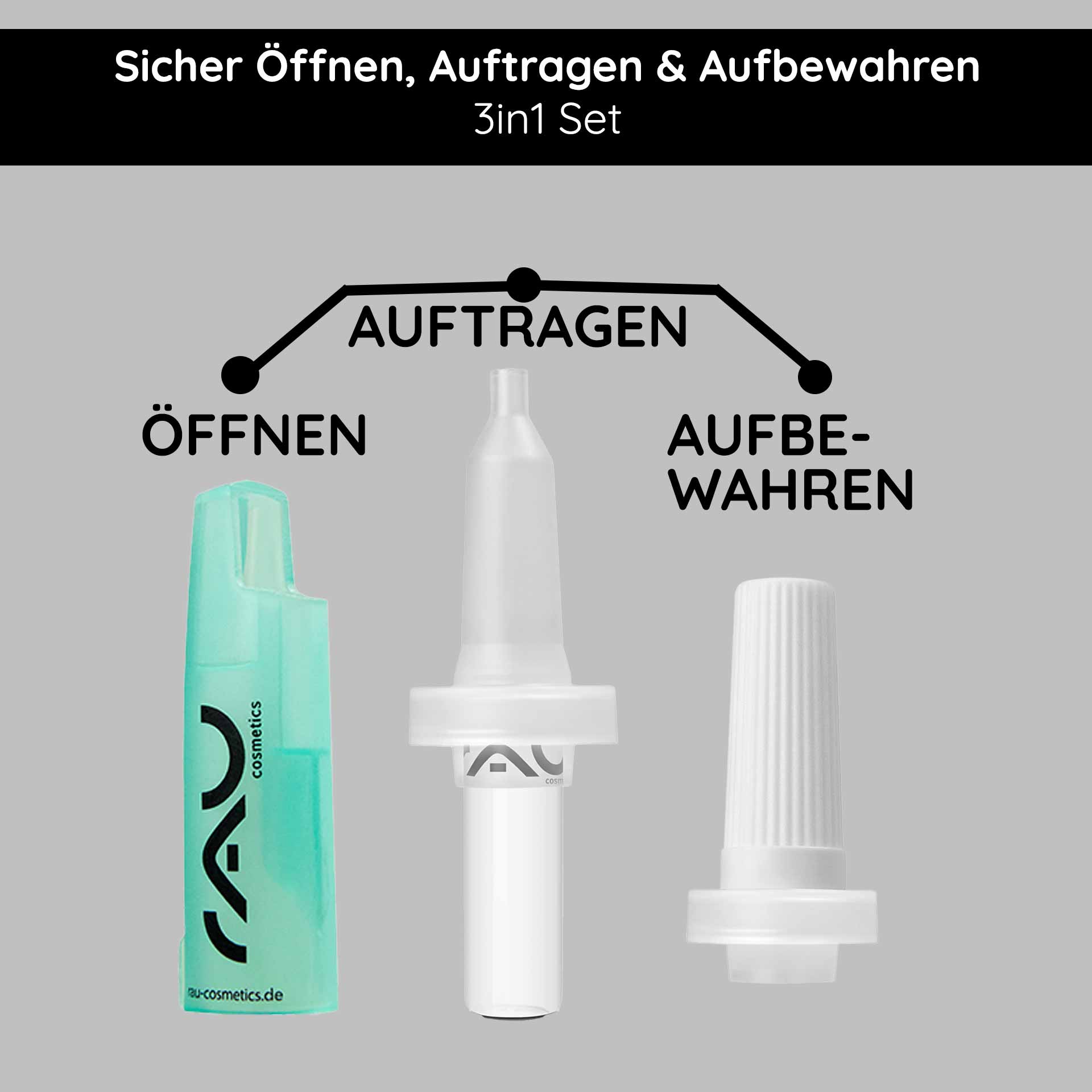 Ampullenöffner & Ampullenapplikator Set Ampullenöffner und Ampullenapplikator Set von RAU Cosmetics, 3-in-1 Set zur sicheren Öffnung, präzisen Anwendung und hygienischen Aufbewahrung von Gesichtsampullen.