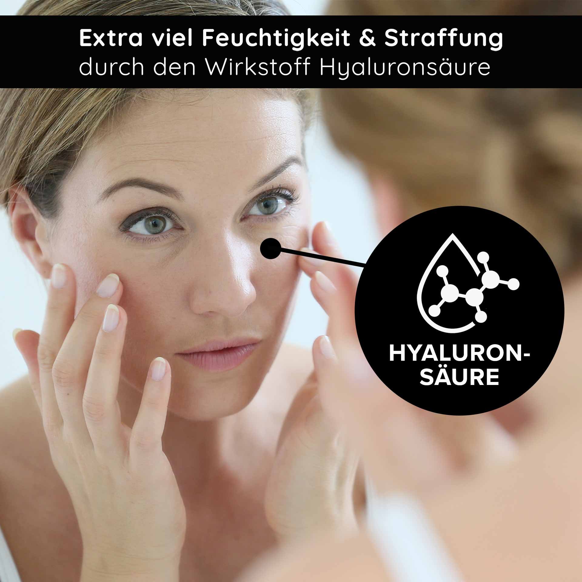 Frau mit sanfter Hautpflegeanwendung, betont Hyaluronsäure für zusätzliche Feuchtigkeit und Straffung, im Kontext von Anti-Aging und Hautpflege.