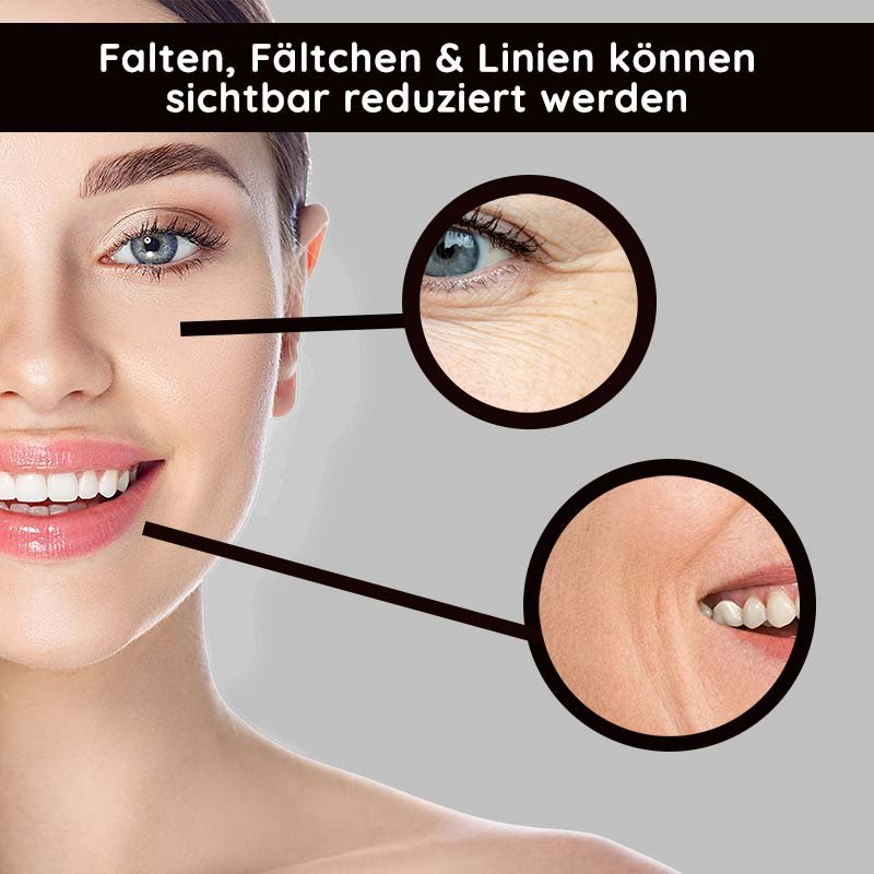 Frau mit strahlendem Lächeln, hervorgehobene Bereiche um Augen und Mund, Text über die Reduzierung von Falten, Fältchen und Linien, Fokus auf Anti-Aging-Effekte.