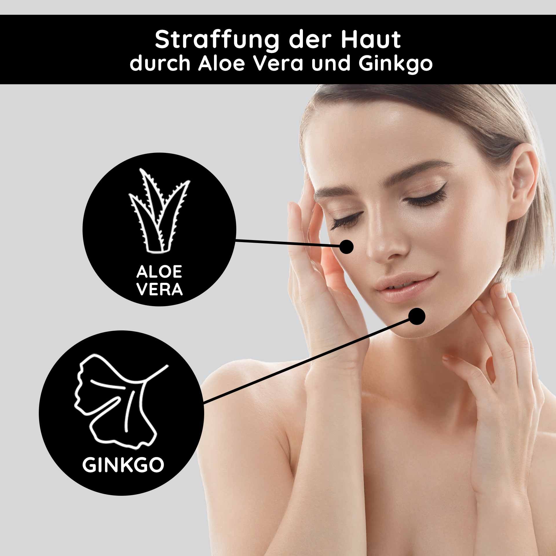 Frau mit glatter Haut und sanftem Gesichtsausdruck, umgeben von Symbolen für Aloe Vera und Ginkgo, die die straffenden Eigenschaften der RAU Cosmetics O2 Rich Cream hervorheben.