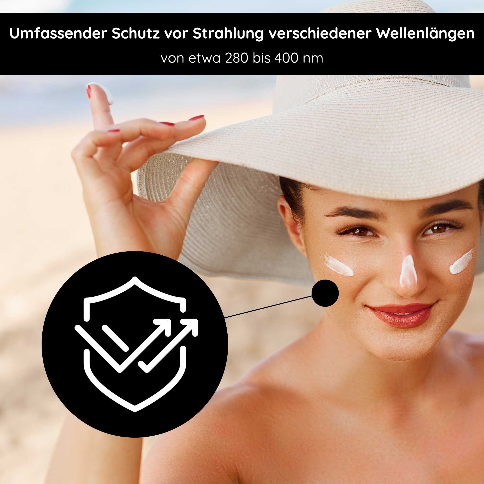 Sunscreen SPF 50 with Bio-Karanja Öl 75 ml - Sonnenschutz Frau mit Sonnenhut und Sonnenschutzcreme im Gesicht, betont umfassenden Schutz vor UV-Strahlung, RAU Cosmetics, SPF 50, Hautpflege.