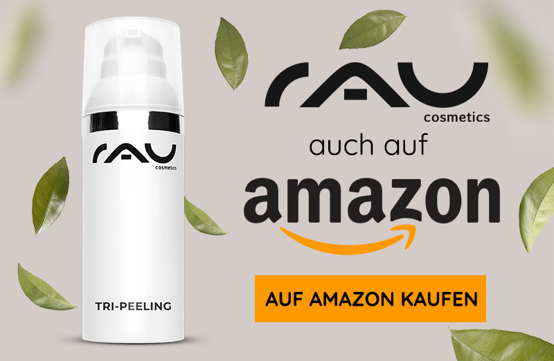 RAU Cosmetics Tri-Peeling Produkt, elegant Flasche mit Pumpe, weiße Verpackung, Markenlogo, erhältlich auf Amazon.