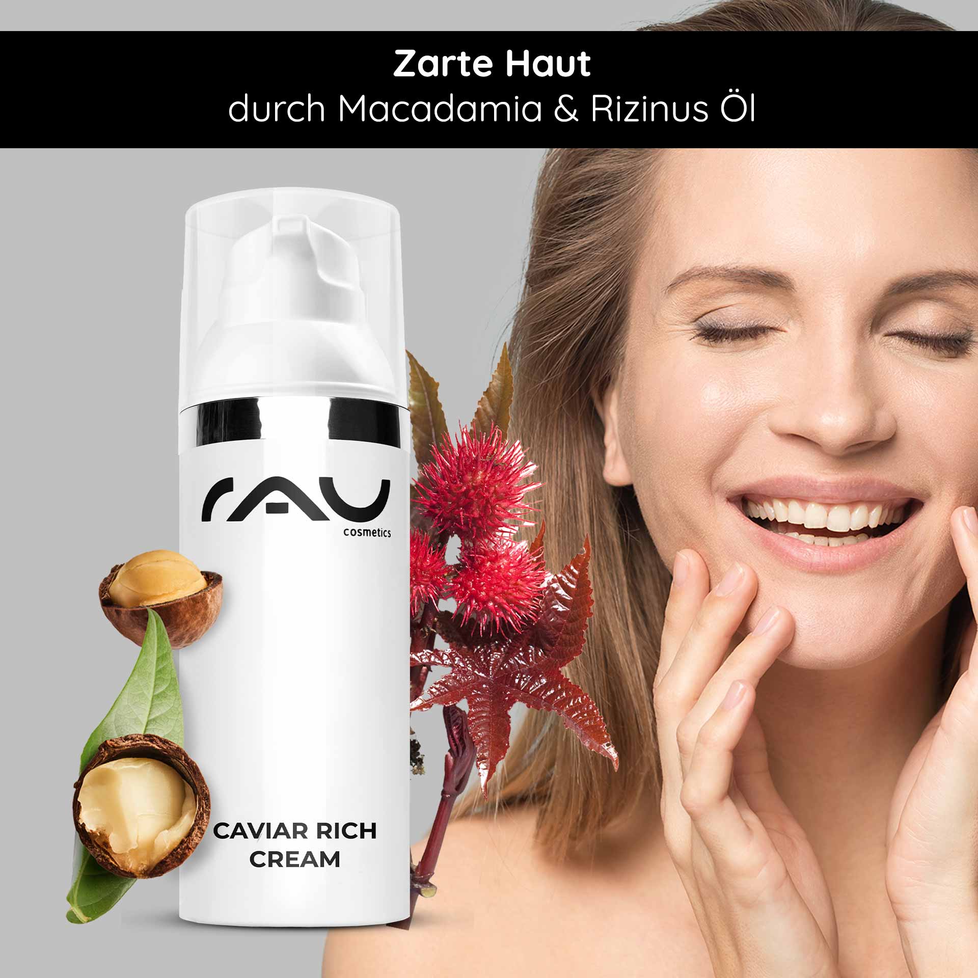Caviar Rich Cream 50 ml Reichhaltige Anti Aging Creme Flasche Caviar Rich Cream mit Macadamia- und Rizinusöl, lächelnde Frau, die ihr Gesicht berührt, um die Vorteile weicher Haut zu fördern.