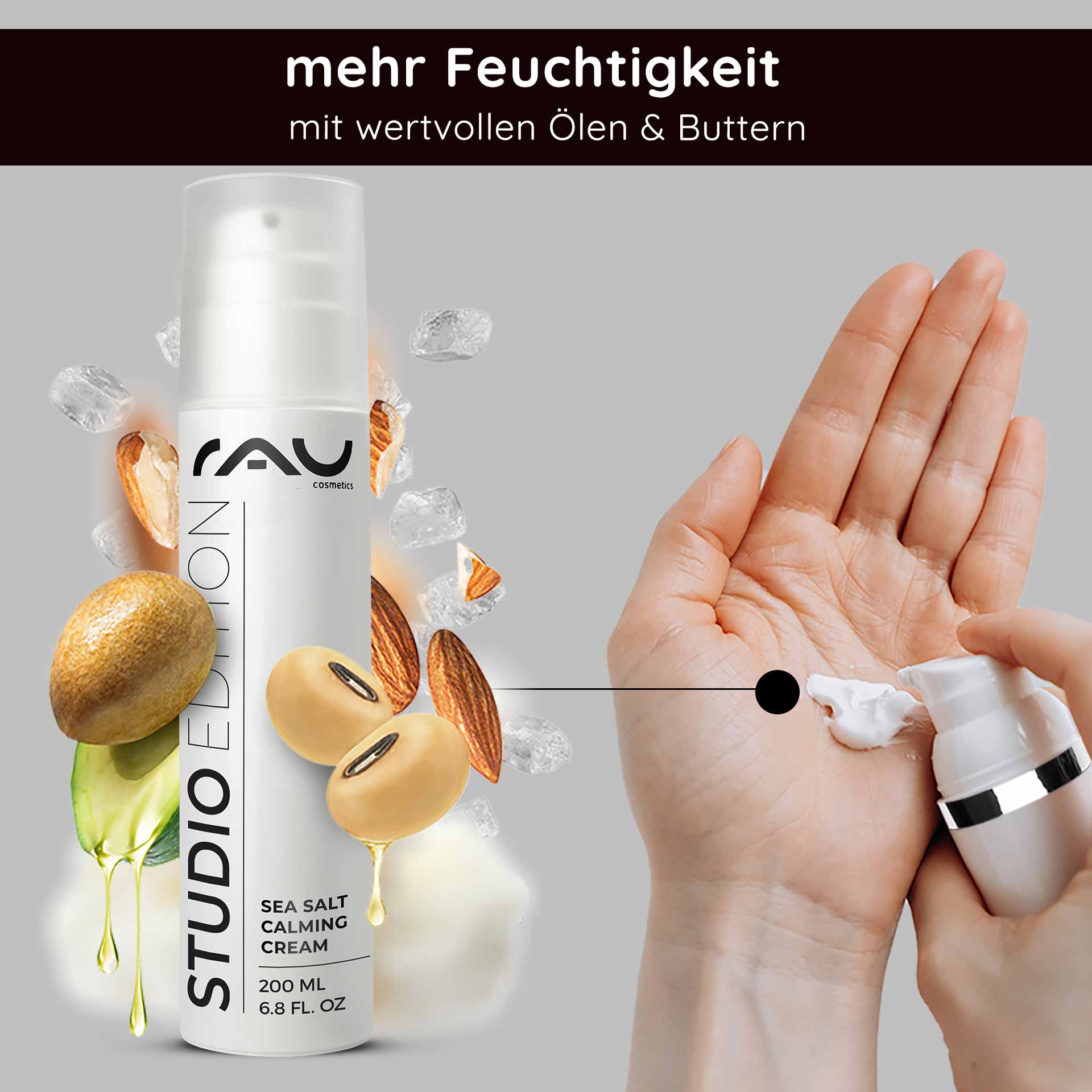 Sea Salt Calming Cream 200 ml mit Meersalz und PHA Flasche der RAU Sea Salt Calming Cream mit Kamillenblüten, Meersalz und grünen Blättern, die die beruhigenden und feuchtigkeitsspendenden Eigenschaften für empfindliche Haut betont.
