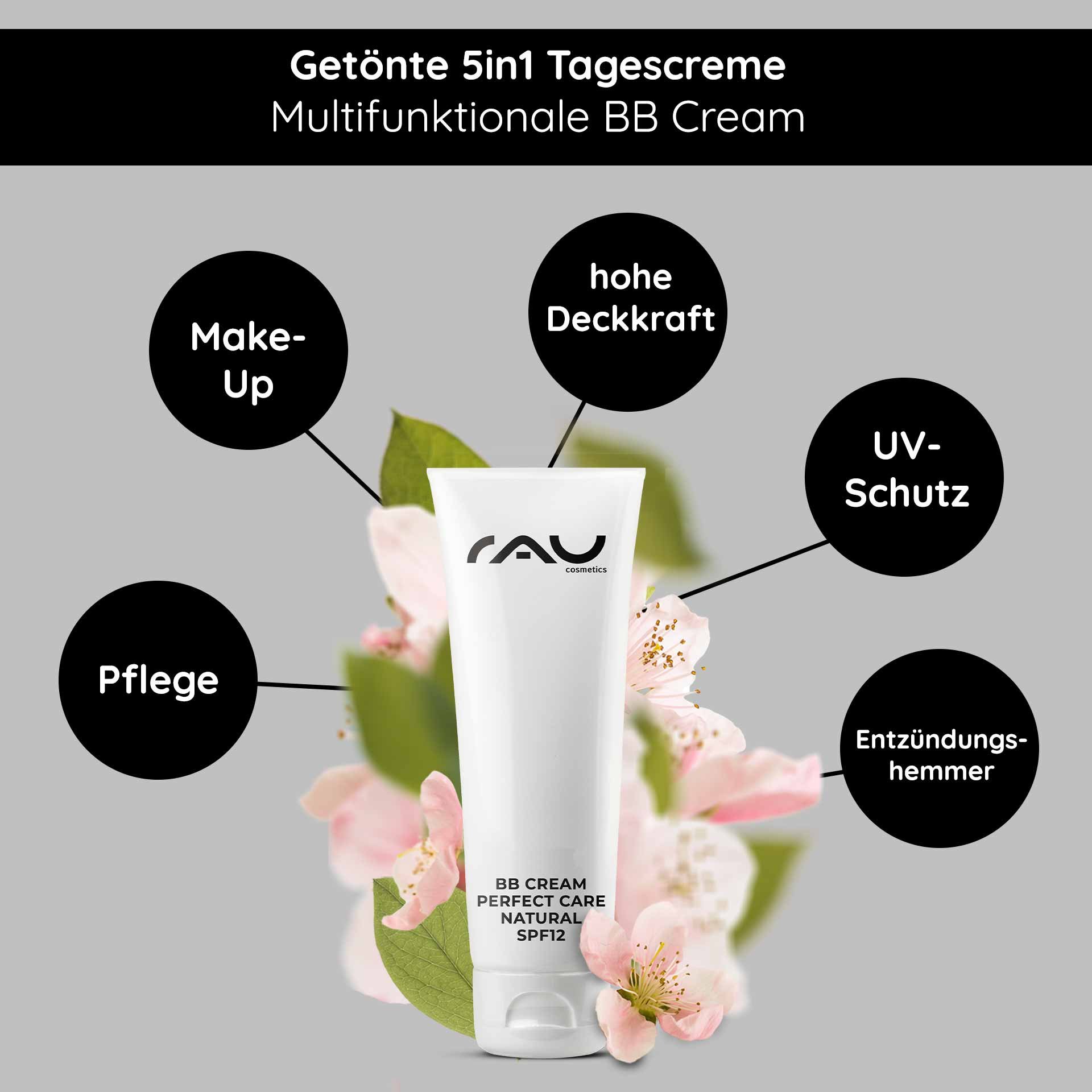 BB Cream Perfect Care Natural von RAU Cosmetics, multifunktionale 5-in-1-Tagescreme, hohe Deckkraft, UV-Schutz, hautpflegende Vorteile, umgeben von zartrosa Blüten.