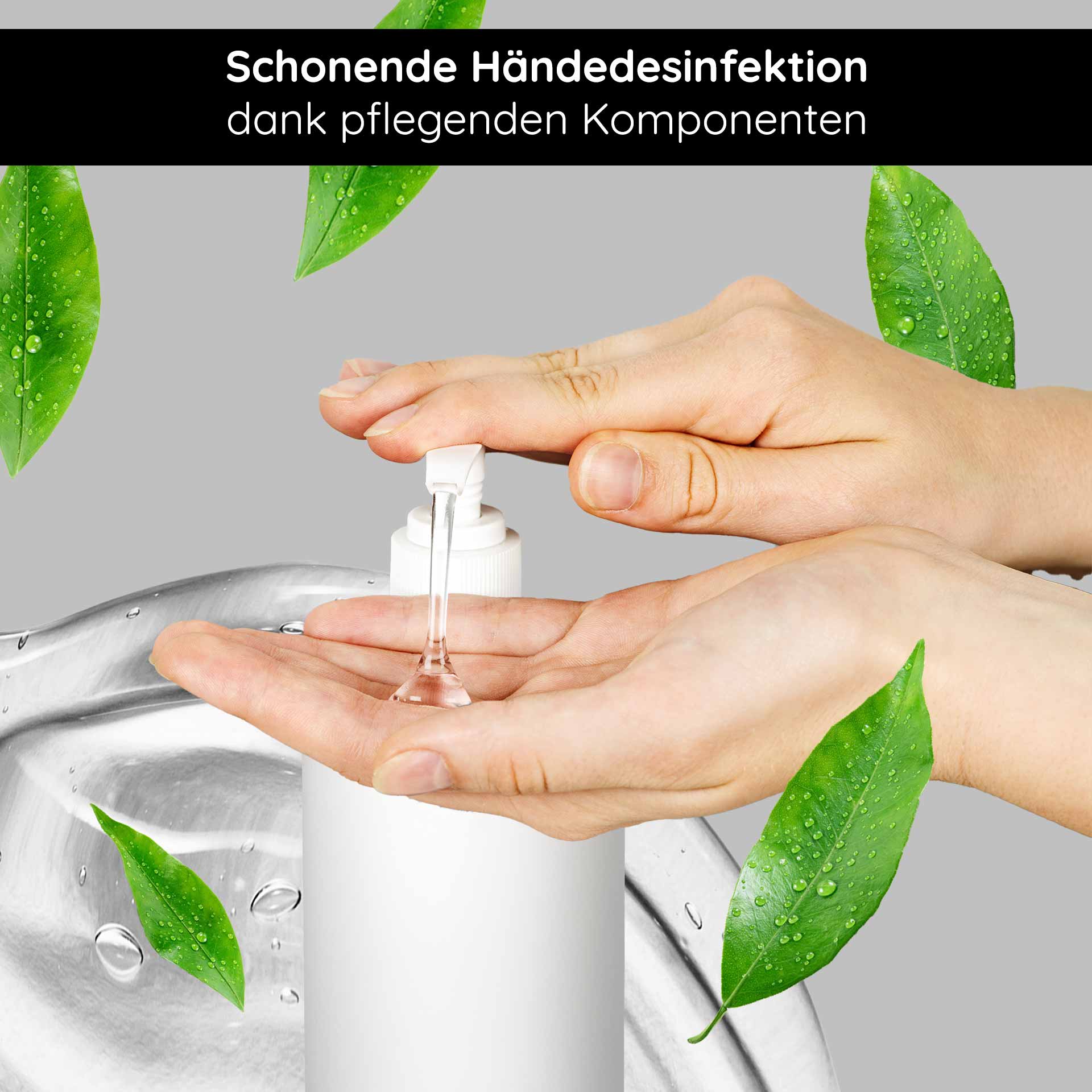 Hand Care Cleansing Gel 500 ml Desinfektion & Pflege Hände desinfizieren mit RAU Cosmetics Hand Care Cleansing Gel, sanfte Pflege und antibakterielle Wirkung, umgeben von grünen Blättern und Wassertropfen.