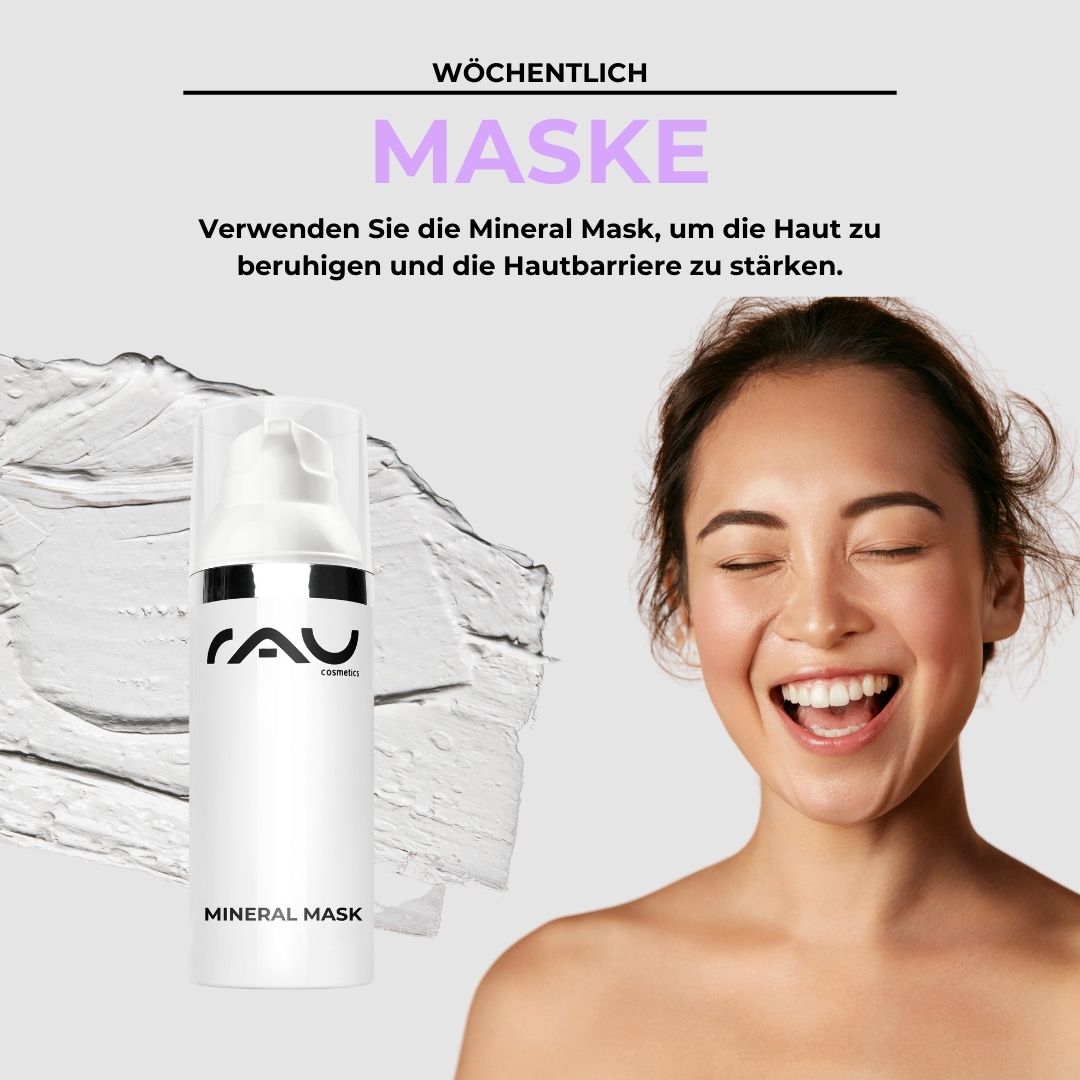 Profi Pflegeroutine für Neurodermitis Mineralmaske von RAU Cosmetics mit einer lächelnden Frau, die gesunde Haut präsentiert und die wohltuende Wirkung bei der Behandlung von Neurodermitis betont.