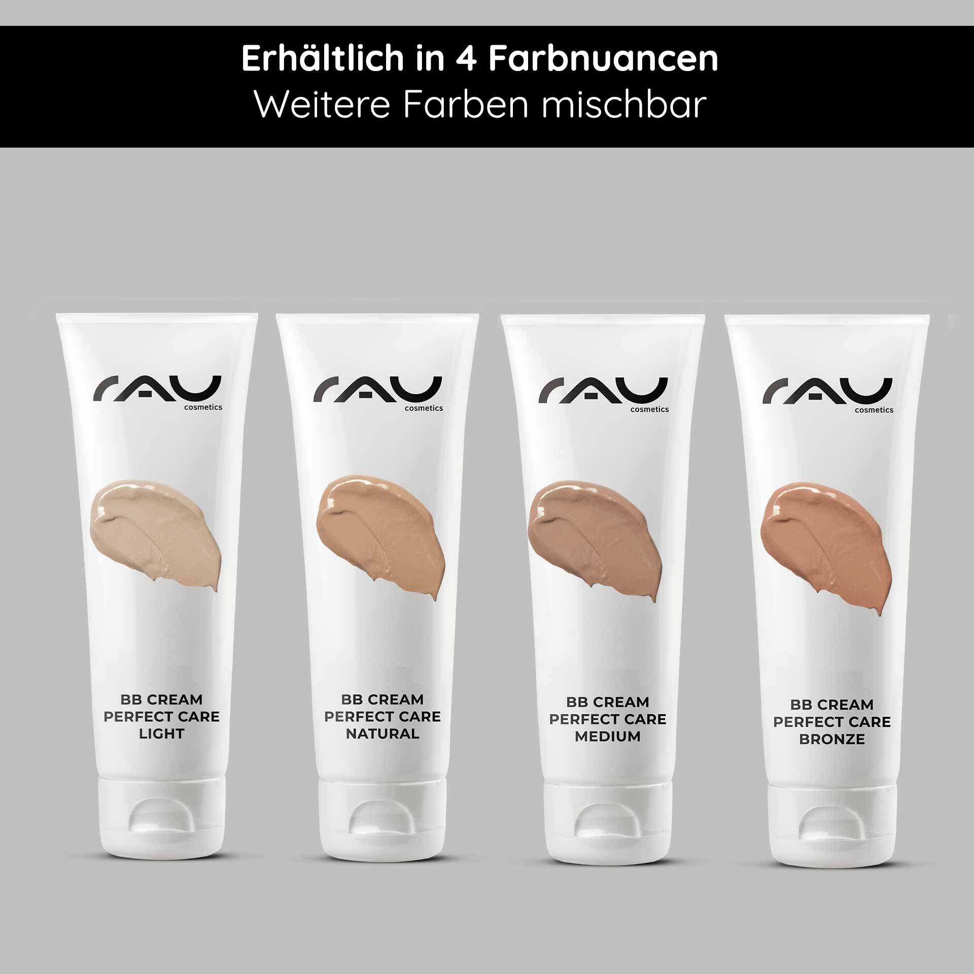 RAU Cosmetics BB Cream Perfect Care in vier Farbtönen: Light, Natural, Medium und Bronze, die die Vielseitigkeit des Produkts und die Anpassung an den Hautton hervorheben.
