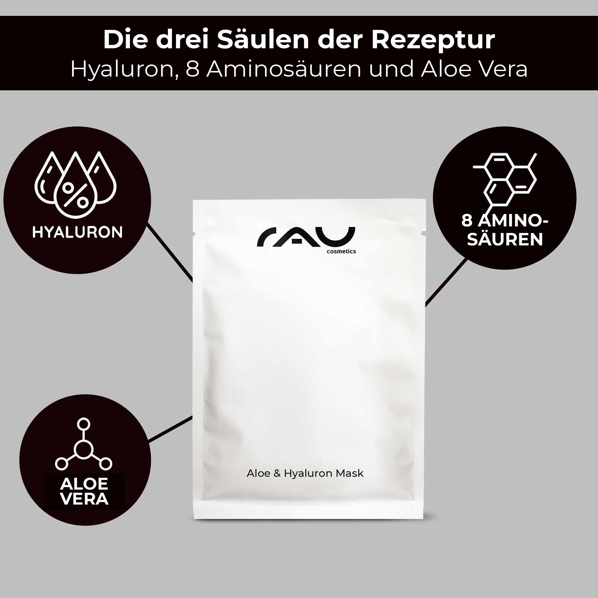 Bildtext: Die drei Säulen der Rezeptur – Hyaluron, 8 Aminosäuren und Aloe Vera. Das Sachet steht in der Mitte, drei dunkle Kreise mit den Beschriftungen Hyaluron, 8 Aminosäuren und Aloe Vera sind mit Linien damit verbunden.