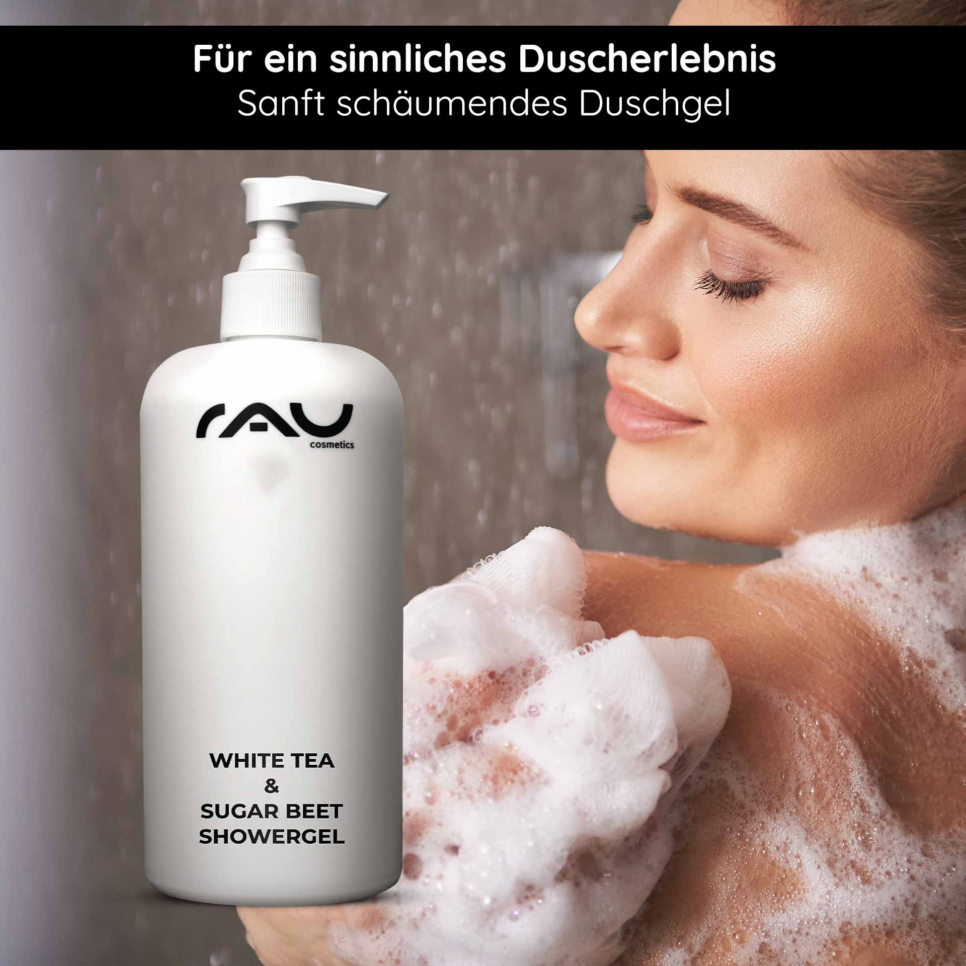 White Tea & Sugar Beet Showergel 500 ml Duschgel Flasche von RAU Cosmetics mit White Tea & Sugar Beet Showergel, sanft schäumendes Duschgel, Anwendung auf der Haut, angenehmer Duft, für ein sinnliches Duscherlebnis.