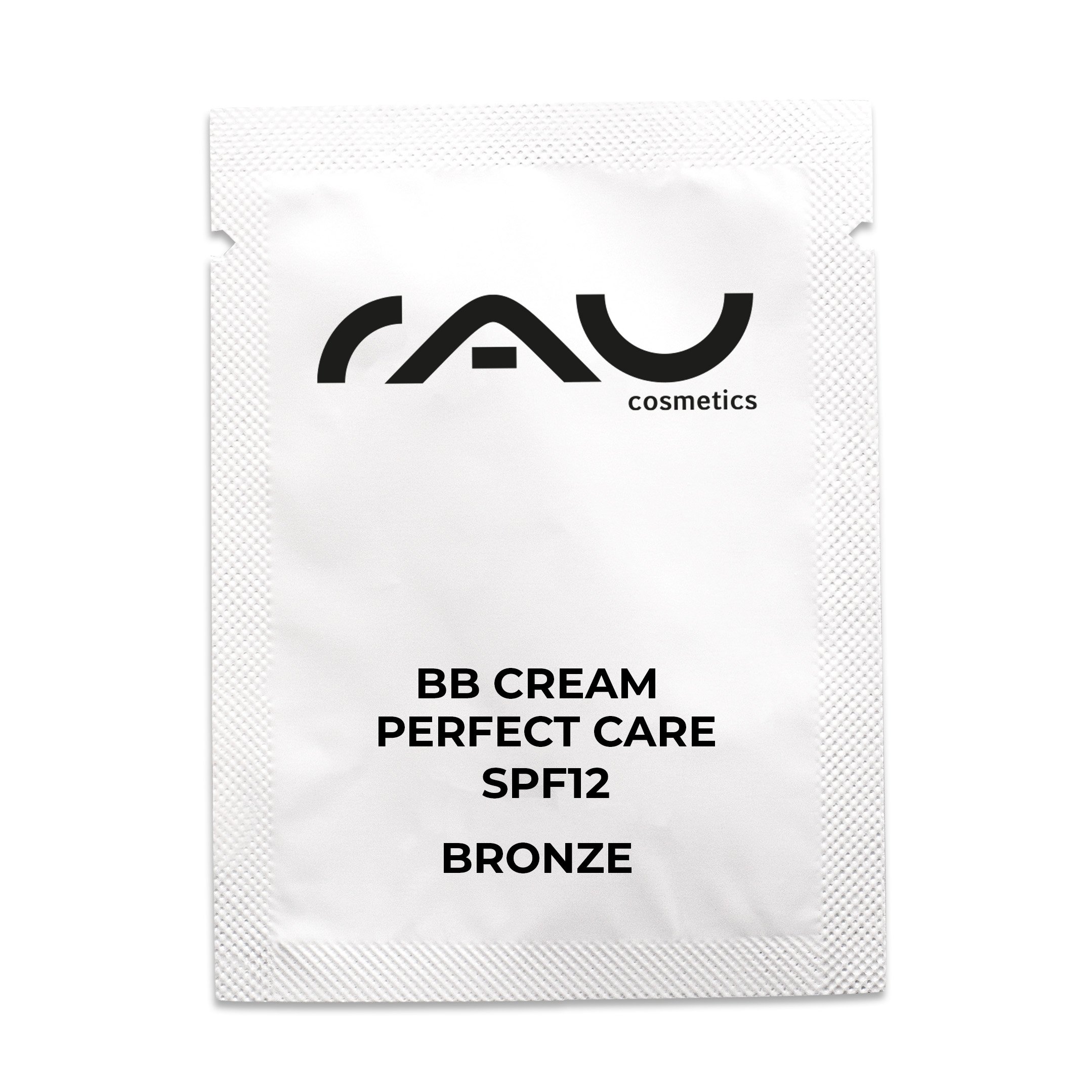 Beutel mit RAU BB Cream Perfect Care Bronze mit LSF 12, mit Markenlogo und Produktdetails, die die Vorteile für Hautpflege und Make-up hervorheben.
