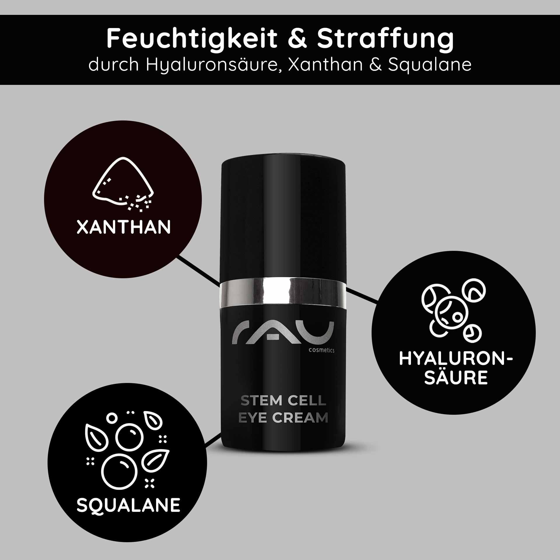 Stem Cell Eye Cream 15 ml Anti Aging Augencreme RAU Cosmetics Stem Cell Eye Cream – luxuriöse Augencreme mit pflanzlichen Stammzellen aus Traube, Alpenrose und Schweizer Apfel. Abbildung des Produkts in einem eleganten Tiegel mit silbernem Deckel.