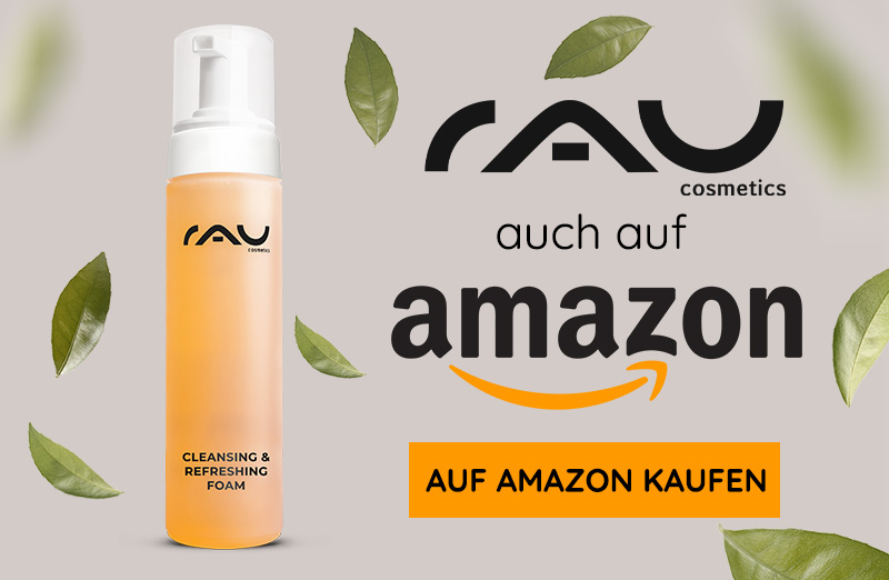 RAU Cosmetics Cleansing & Refreshing Foam mit Pumpspender und Amazon-Verfügbarkeit, in stylischer Verpackung.