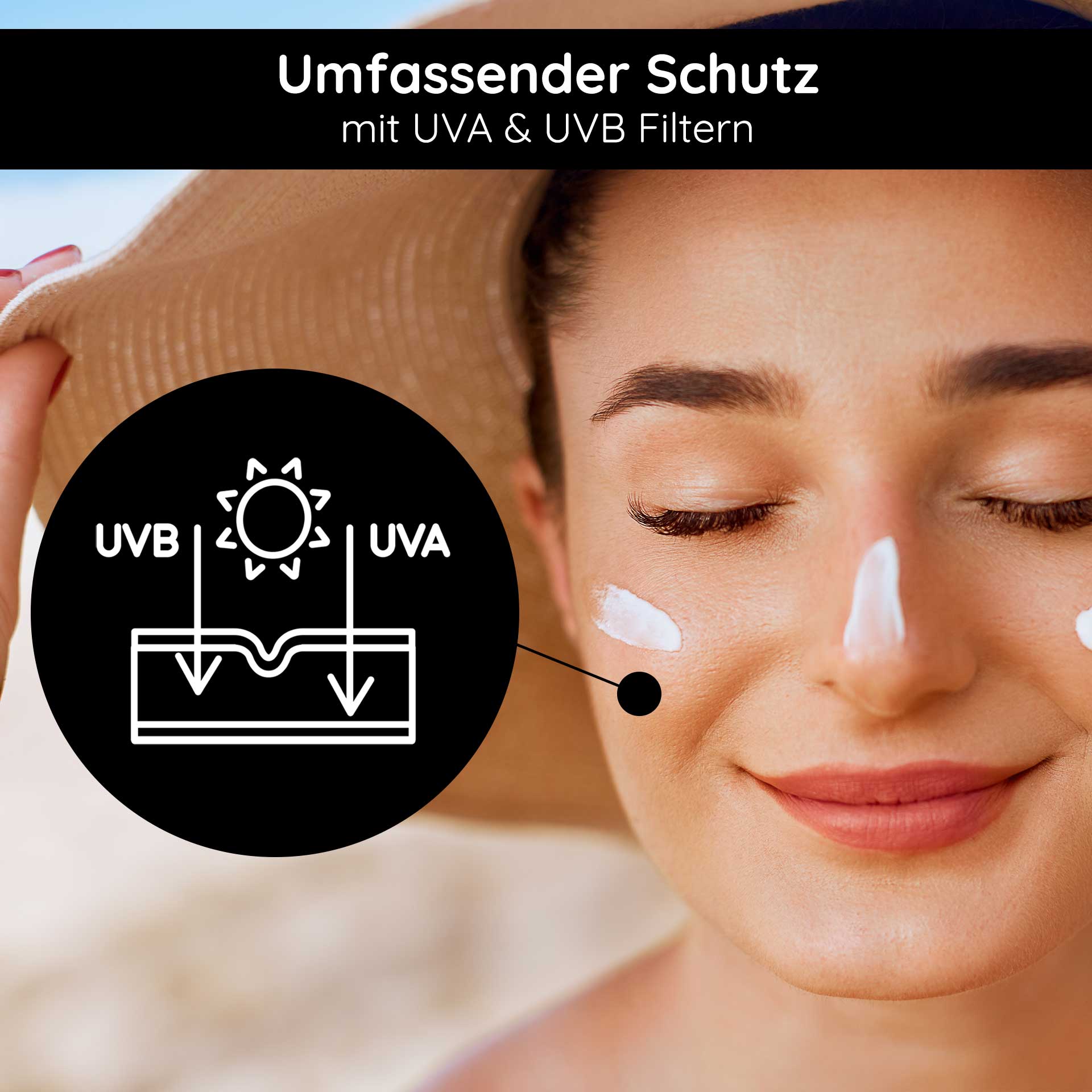 Sunscreen SPF 50 with Bio-Karanja Öl 75 ml - Sonnenschutz Frau mit Sonnencreme auf dem Gesicht, trägt einen Sonnenhut, grafische Darstellung von UVA- und UVB-Schutz, betont umfassenden Schutz.