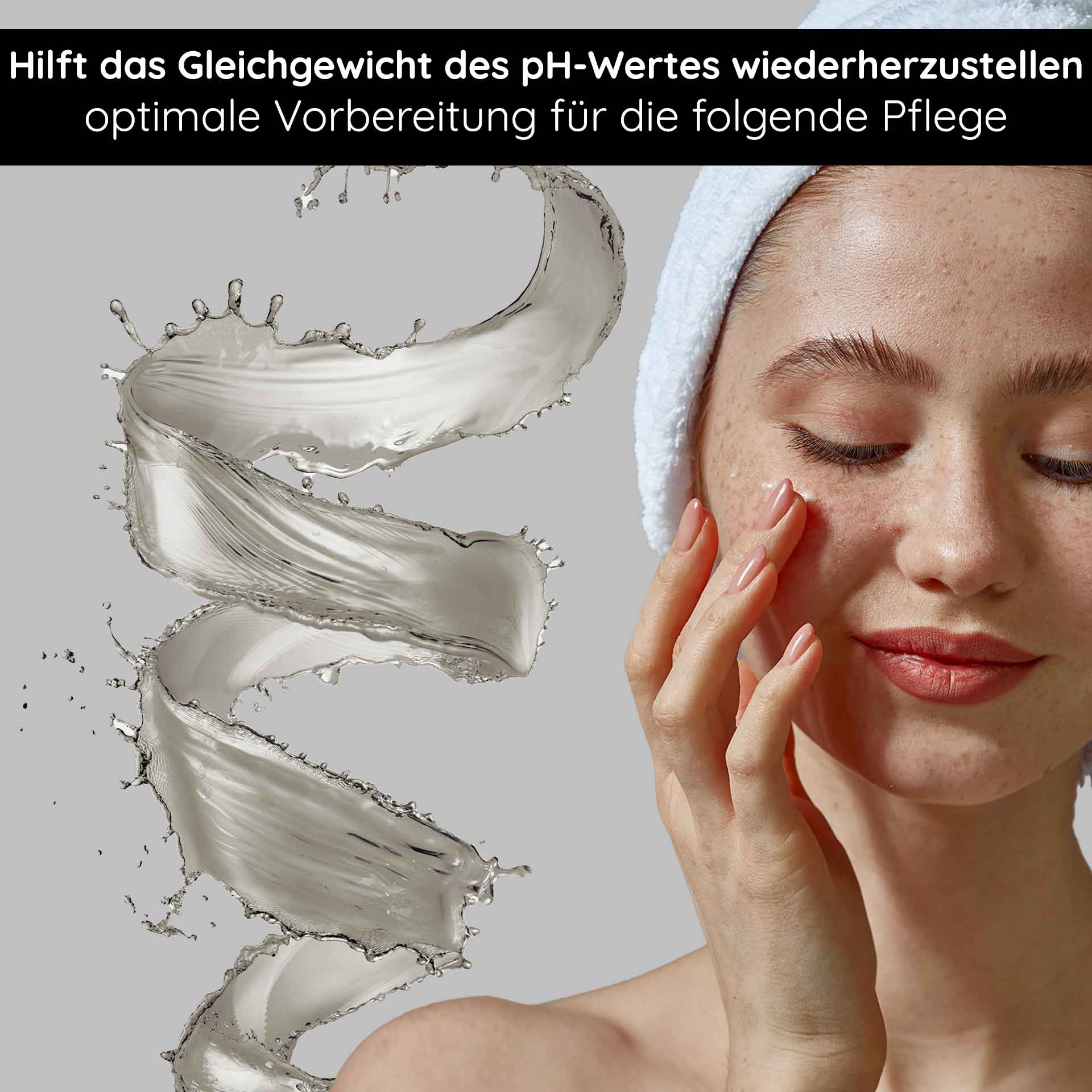 AHA Neutralizer 50 ml zum Neutralisieren der Haut AHA-Neutralisator mit einer Frau, die ihn auf ihr Gesicht aufträgt. Er zeigt die Wiederherstellung des pH-Gleichgewichts und die Vorbereitung auf die Hautpflege, mit wirbelnder gelartiger Textur und Wasserspritzern.