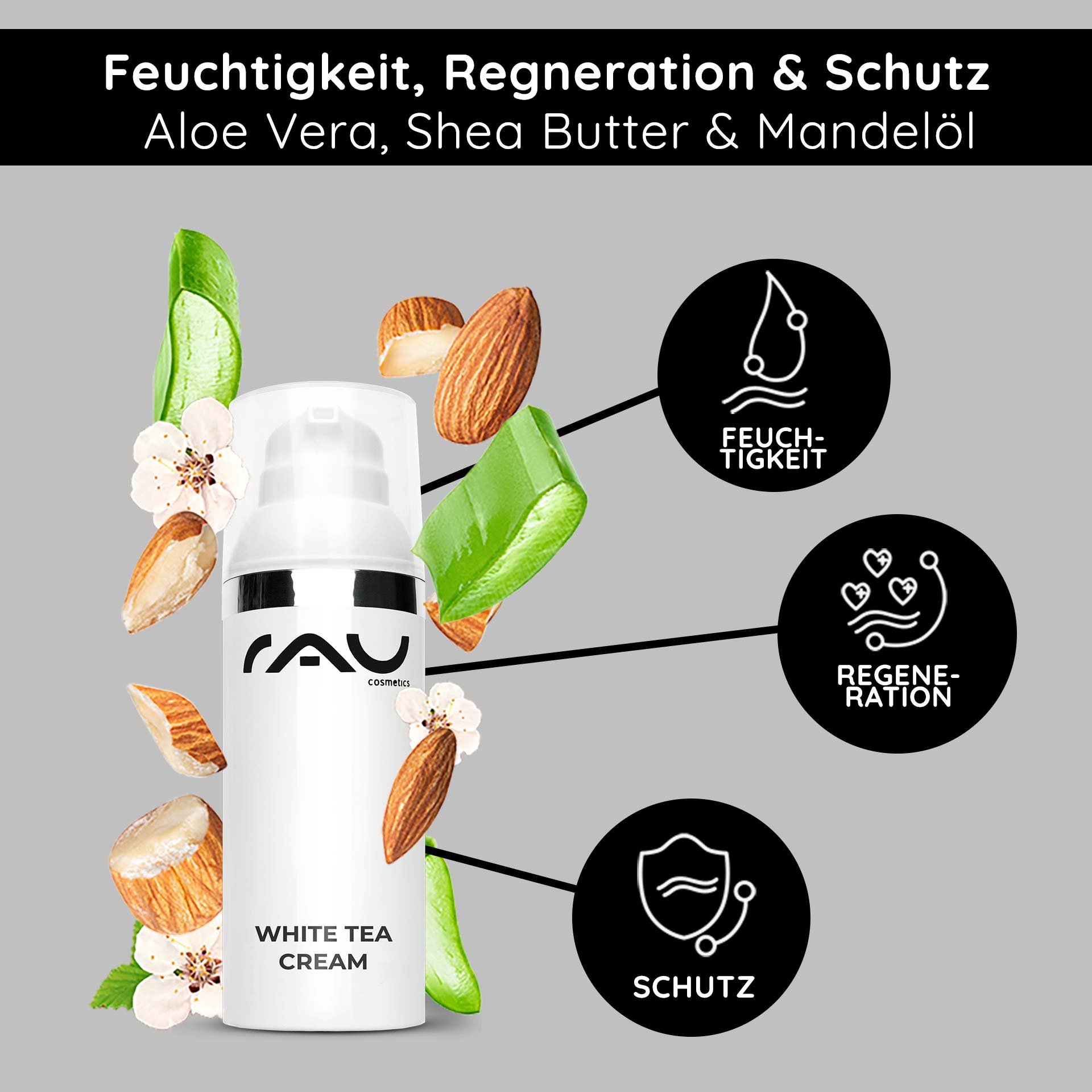 Flasche der RAU Cosmetics White Tea Cream mit Aloe Vera, Sheabutter und Mandeln, mit besonderer Feuchtigkeits-, Regenerations- und Schutzwirkung.